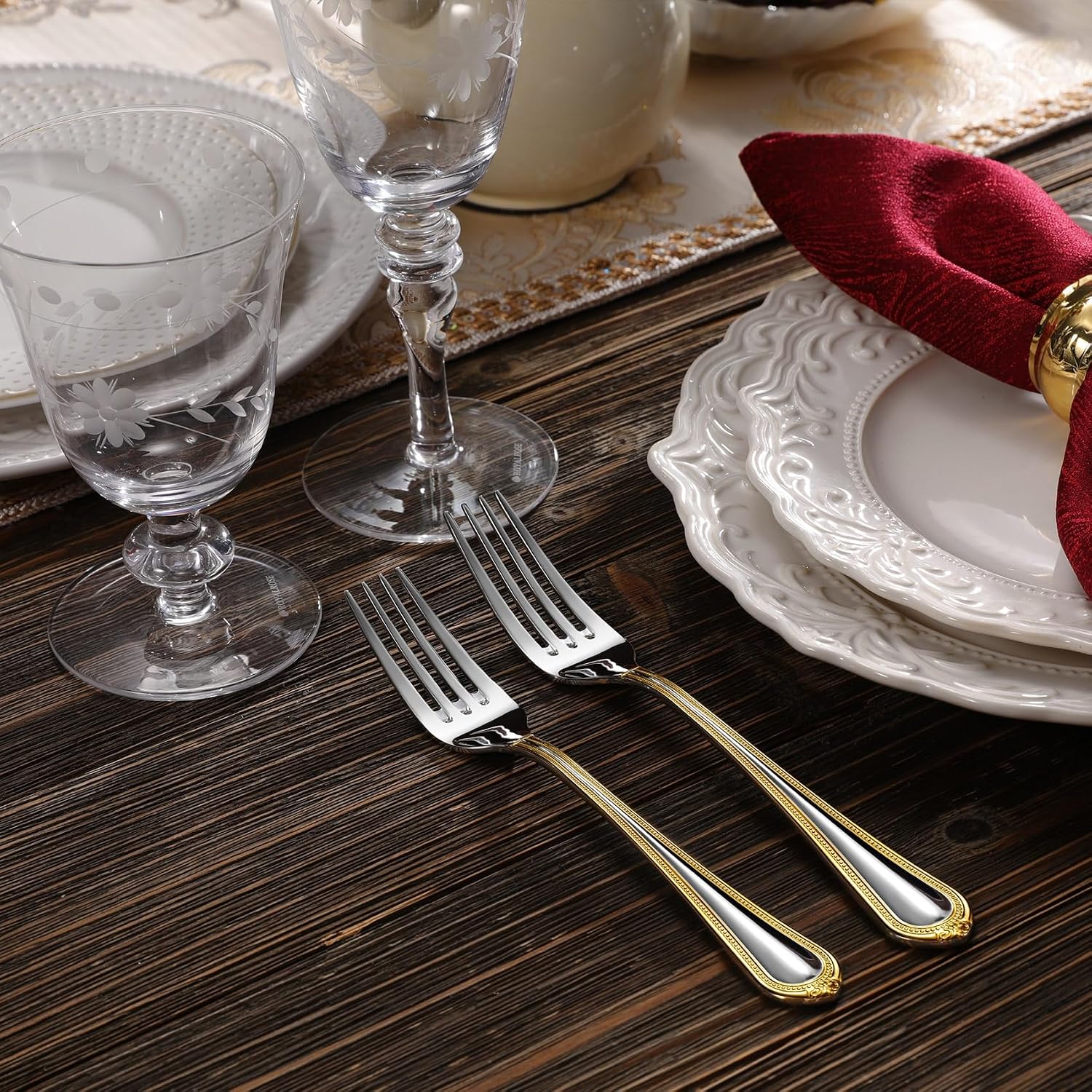 KEAWELL Pearl Edge 4-Piece Premium Fork Set  18/10 Stainless Steel  Fine Silverware Forks with Mirror Finish and Exquisite Craftsmanship  Gold Accent  Dishwasher Safe (4  7.3" Salad Forks)