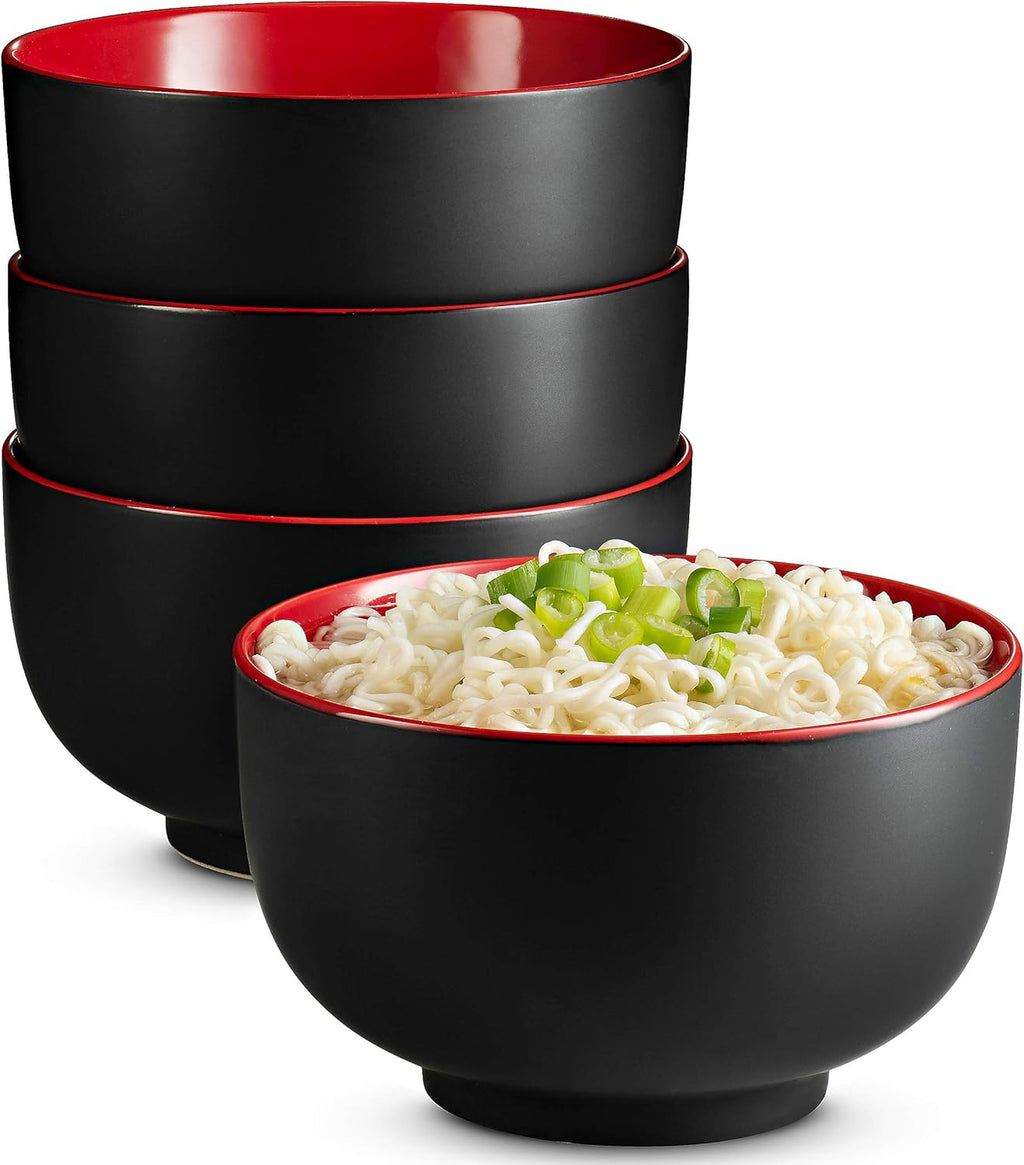 KooK Ramen Bowl  Japanese Bowls  Noodle Bowls  Large Soup Bowl  Ceramic  Large Capacity  For Ramen  Pho  Udon  Soba  Microwave and Dishwasher Safe  34 oz  Set of 4 (Black/Red)