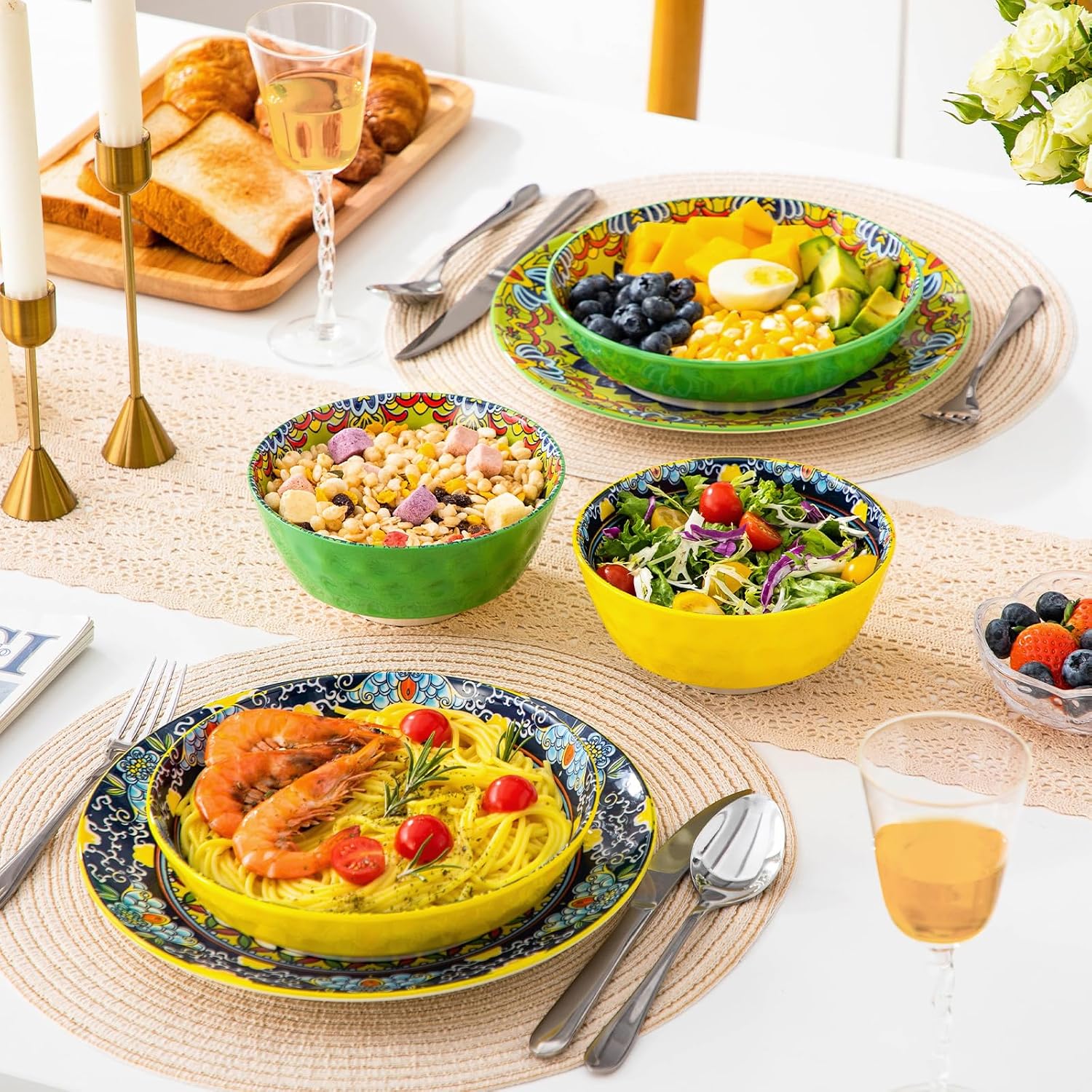vancasso 26oz Cereal Bowls Set of 6  Boho Ceramic Soup Bowls with Colorful Bohemian Pattern  Microwave & Dishwasher Safe Serving Bowls for Salad  Oatmeal  Pasta  KRVI Series