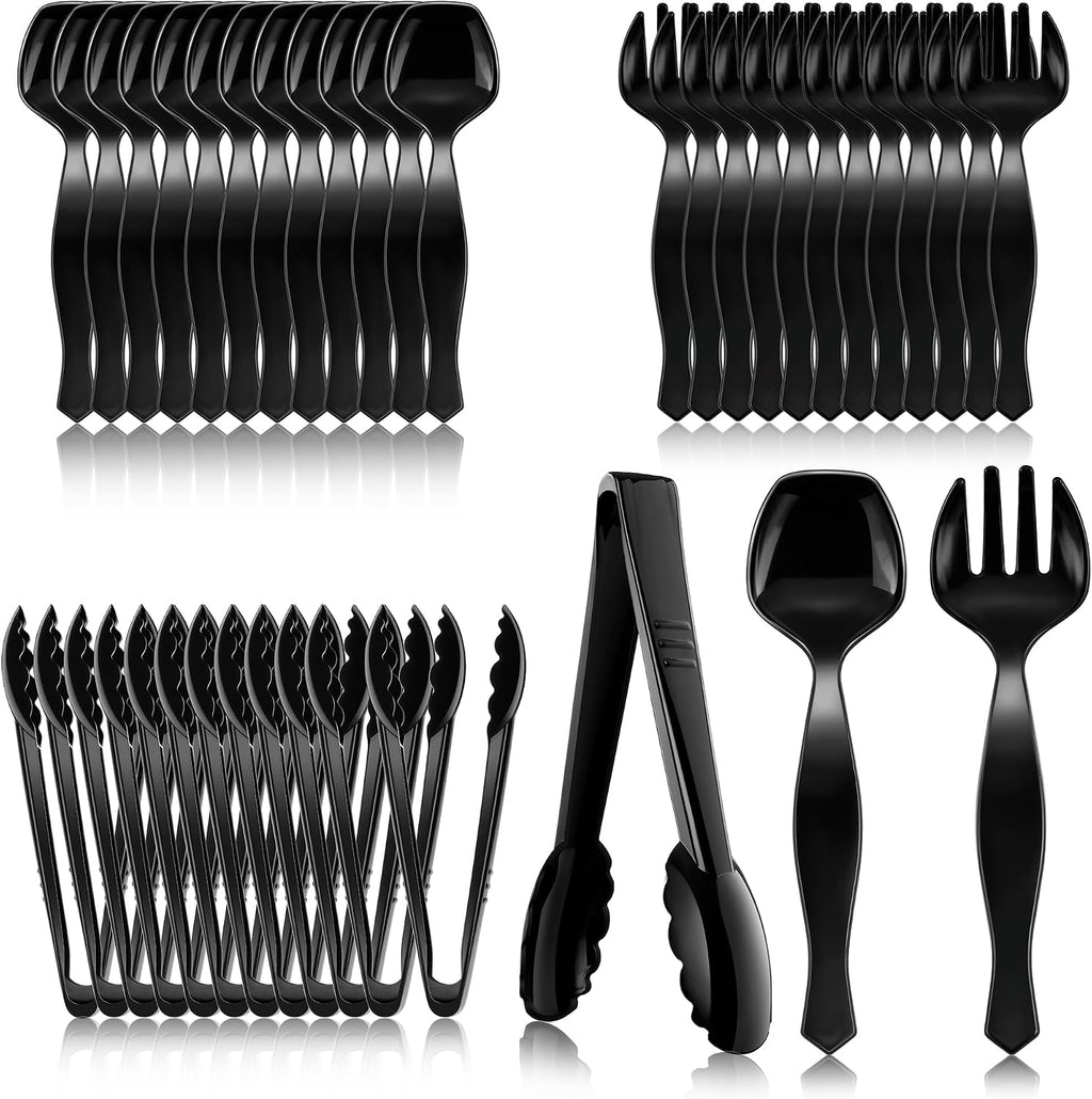 Mwellewm 36Pcs Plastic Serving Utensils Set 9'' Large Disposable Serving Spoons Forks Tongs for Serving Food Heavy Duty Black Large Party Utensils Supplies for Buffet Restaurant Dinner Salad Soup