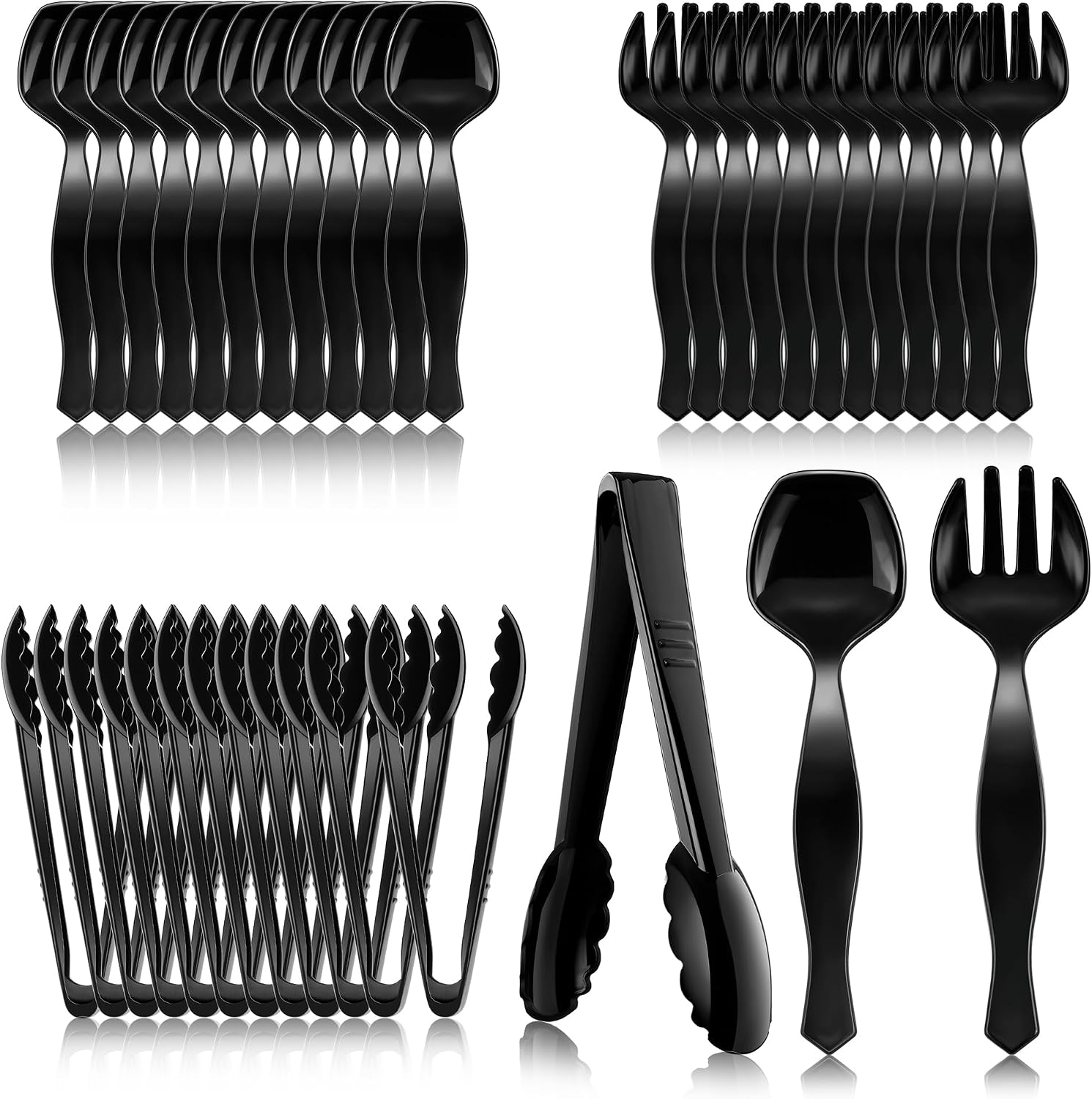 Mwellewm 36Pcs Plastic Serving Utensils Set 9'' Large Disposable Serving Spoons Forks Tongs for Serving Food Heavy Duty Black Large Party Utensils Supplies for Buffet Restaurant Dinner Salad Soup