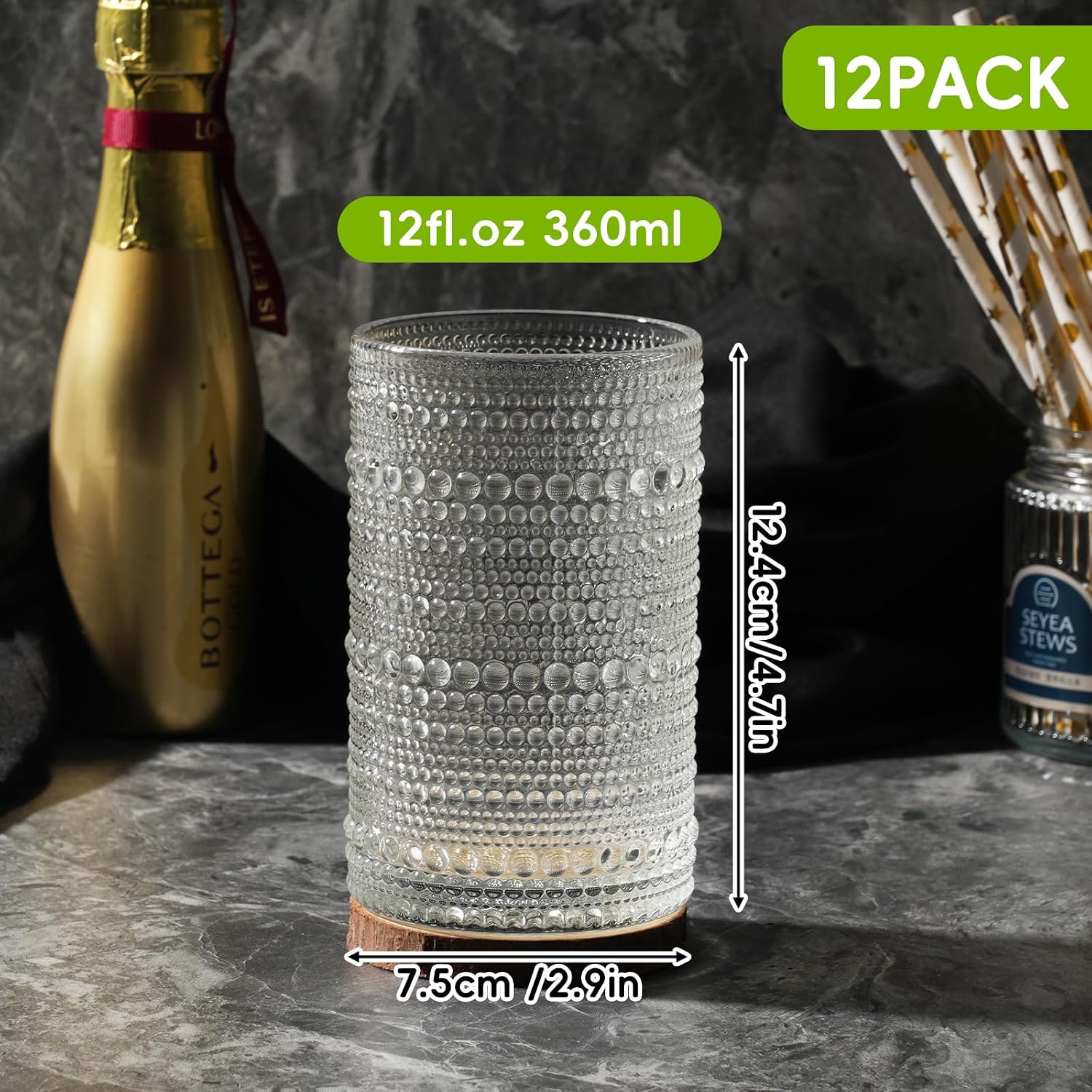 Moretoes Hobnail Drinking Glasses Set of 12 12 Oz Highball Glasses Clear Embossed Boho Water Glass Cups Kitchen Bar Tumbler Glassware Set for Whiskey  Beer  Juice  Milk and Various Mixed Drinks