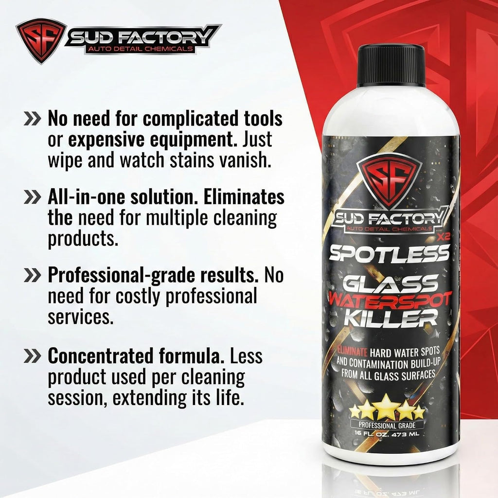 Sud Factory Hard Water Spot Remover for Glass Spotless X2 - Removes Water Stains from Shower Doors  Car Windows  Windshields - Professional Strength 16oz