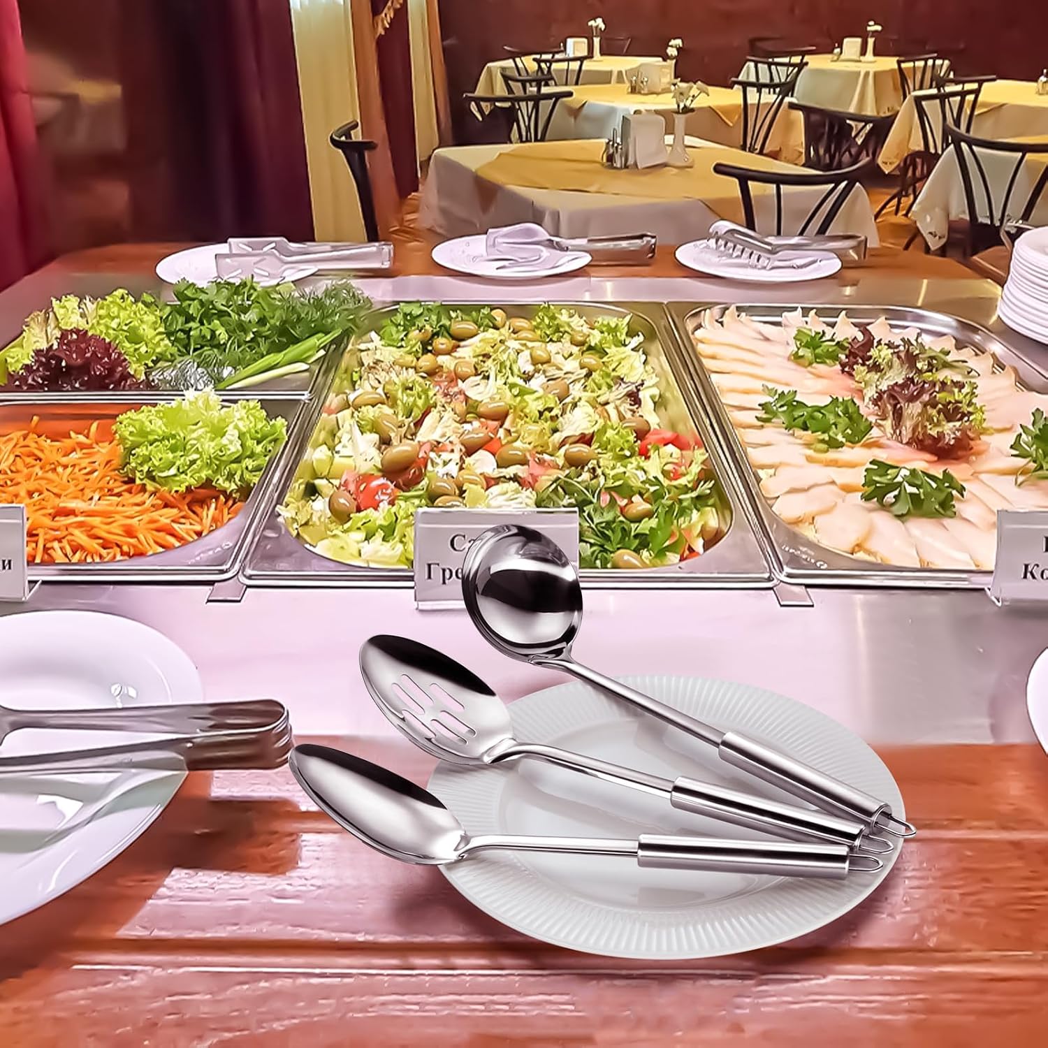 Pleafind Serving Utensils Set for Parties 3-Piece Silver Stainless Steel utensils set Includes 1 Serving Spoon  1 Slotted Spoon and 1 Soup Ladle Serving Spoons for Buffet