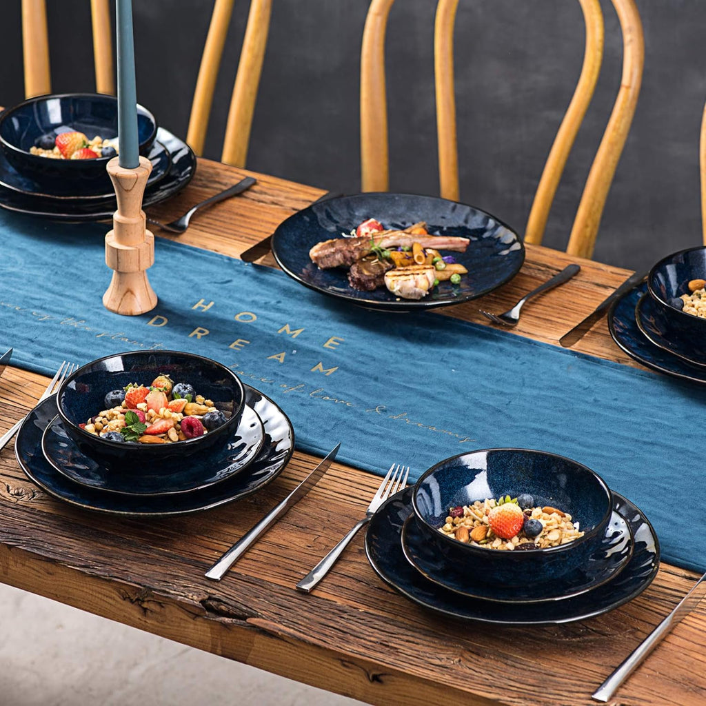 vicrays Ceramic Salad Bowls Set for Kitchen  Serving - 32 Ounce Soup Bowls  Pasta Bowls  Chip Resistant  Dishwasher Microwave Safe  Large  Fluted  stoneware  Set of 6 (Blue)
