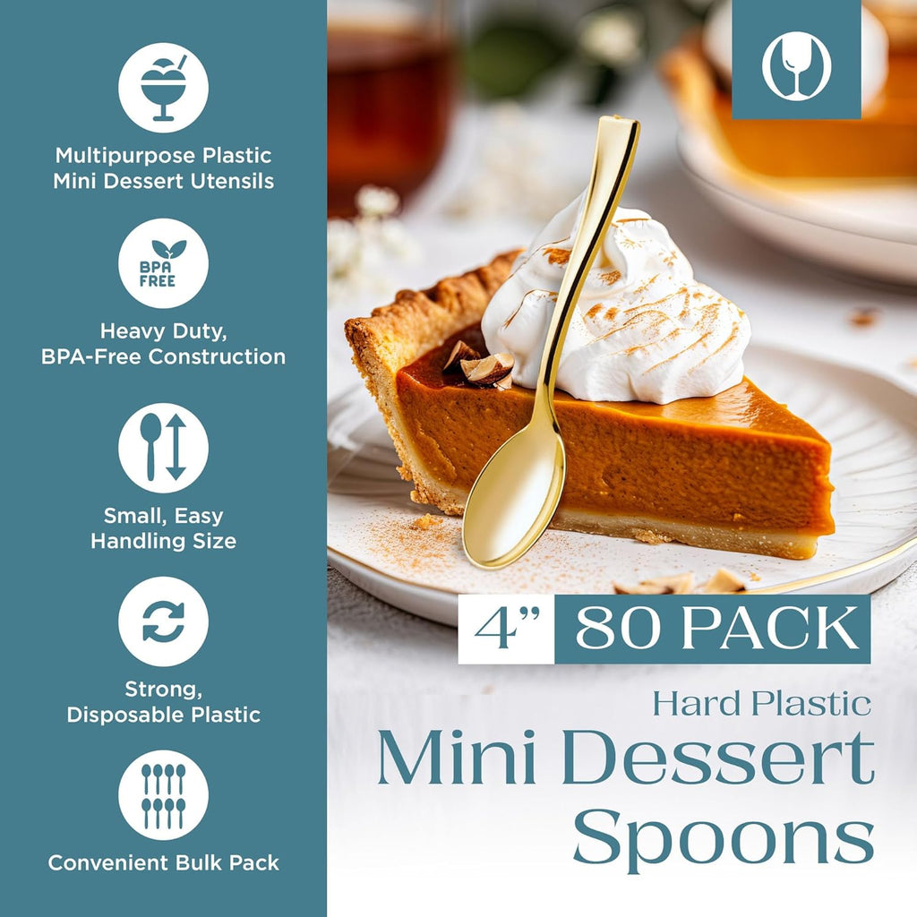 Posh Setting Plastic Mini Gold Spoons  4 inch Gold Dessert Spoon Disposable  Small Plastic Spoons for Dessert  Tiny Little Appetizer Spoon Golden (80 Pack)