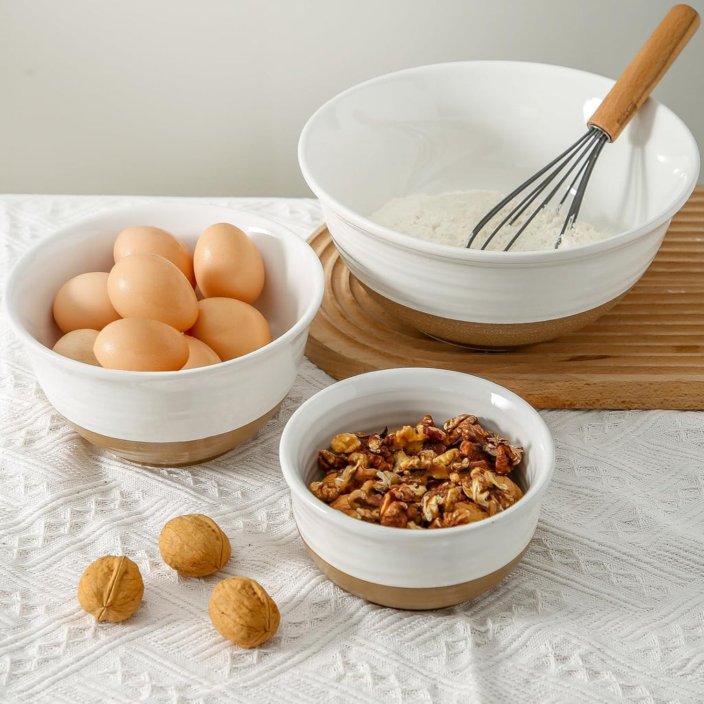 HASENSE Serving Bowls Ceramic Mixing Bowls  Large Salad Pasta Bowls Set  2.1/1.0/0.5 Qt for Entertaining  White Nesting Batter Bowls for Prepping Baking  Dishwasher Microwave Safe  Set of 3