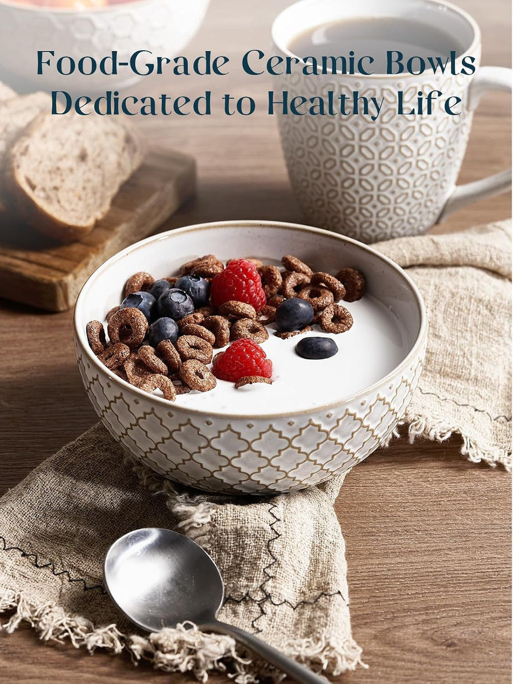 DOWAN Soup Bowls Set of 6  26 OZ Cereal Bowls for Kitchen  6" Ceramic Embossment Bowl for Salad  Pho  Fruits  Rice  Large Bowls Decor & Housewarming Gift  Dishwasher & Microwave Safe