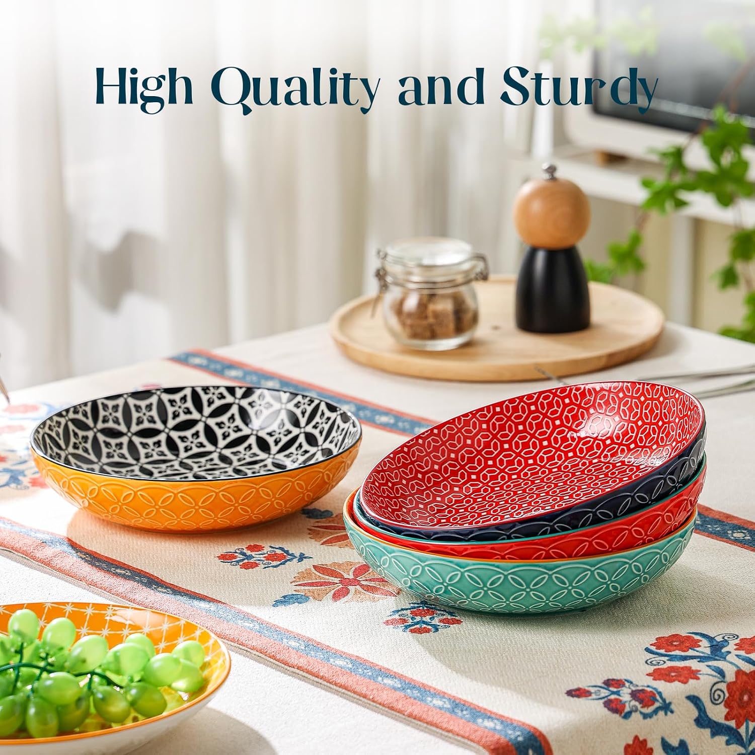DOWAN 8.5" Vibrant Pasta  Salad & Soup Serving Bowls Set of 4  Embossed Large Porcelain Ceramic  Microwave  Oven & Dishwasher Safe  Bonita Design Perfect for Daily Dining  Family Gatherings  Party