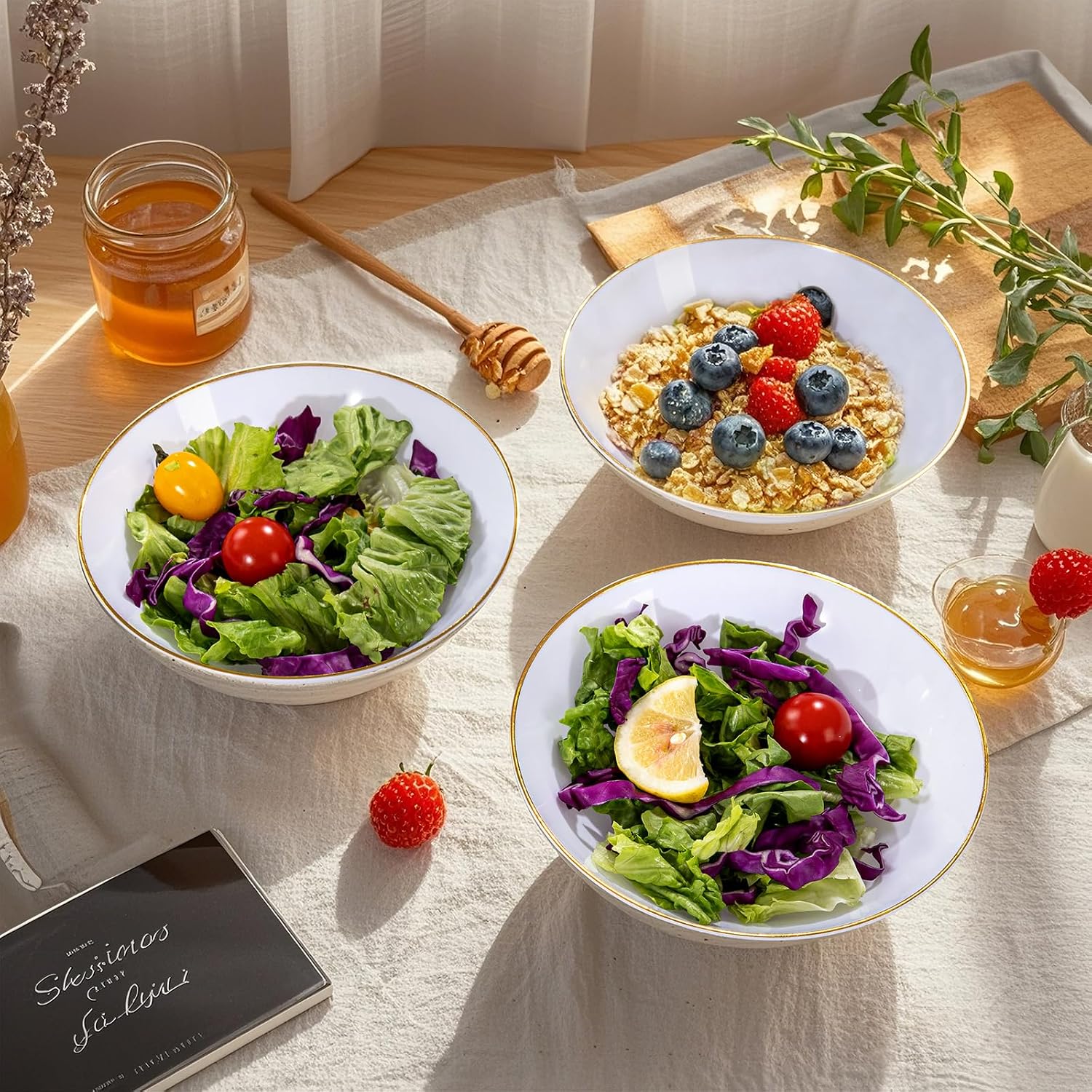 I00000 16 Oz 50 Count White Disposable Soup Bowls with Gold Rim  Plastic Bowls Disposable Premium Heavyweight Elegant Plastic Salad Bowl for Party