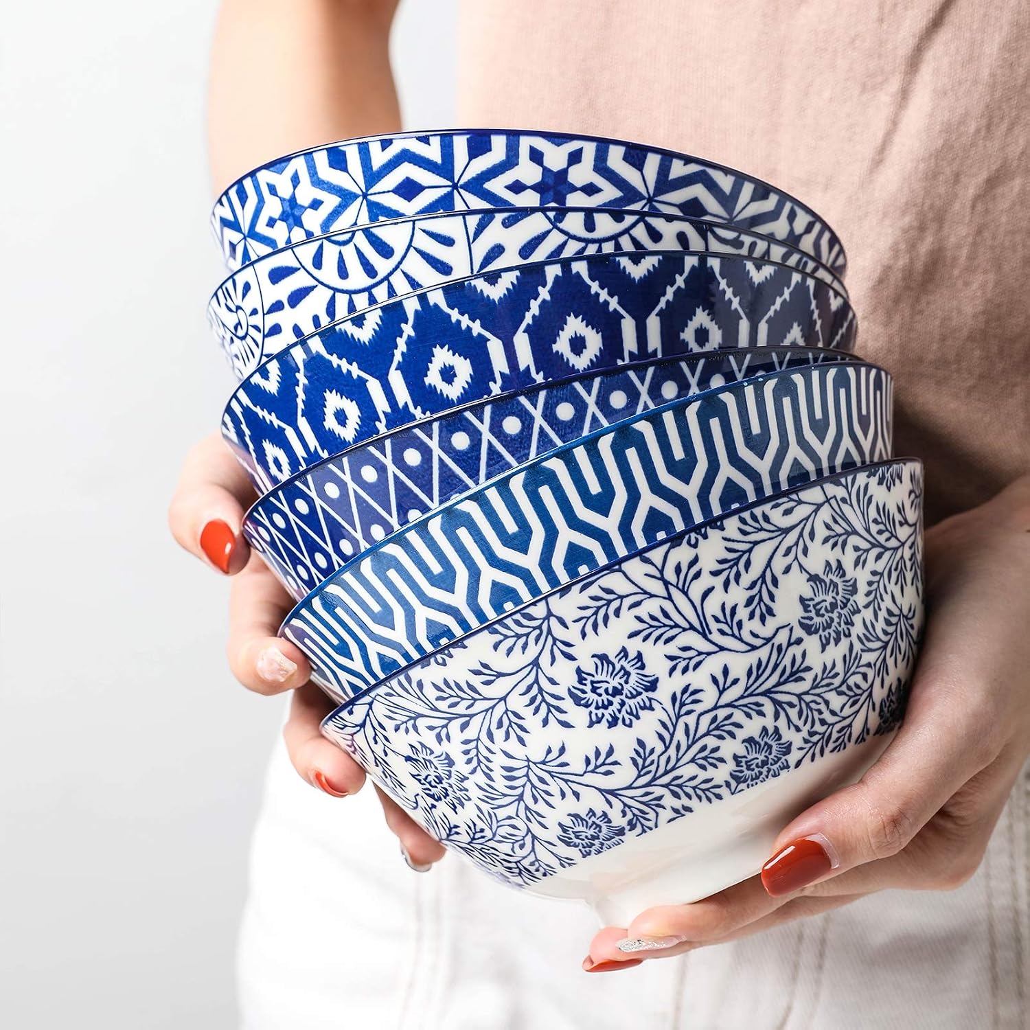 Selamica Blue and White Porcelain 20oz Cereal Bowl Set - Set of 6  6 inch Soup Bowls  Ceramic bowls for Cereal  Soup  Salad and Pasta  Vintage Blue