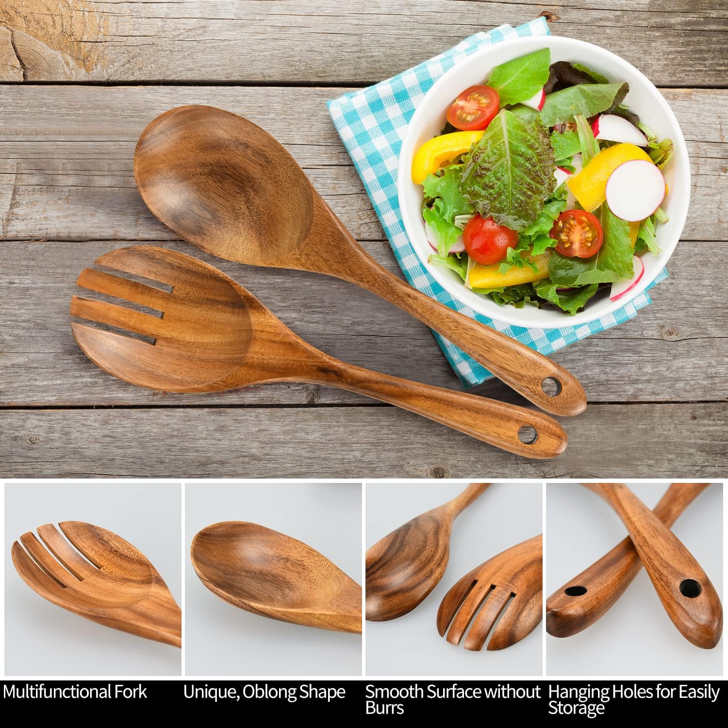 Salad Servers  Wood Salad Tongs  10.2in Salad Spoon and Fork Set  Long Handle Salad Server Set for Mixing  Tossing and Cooking