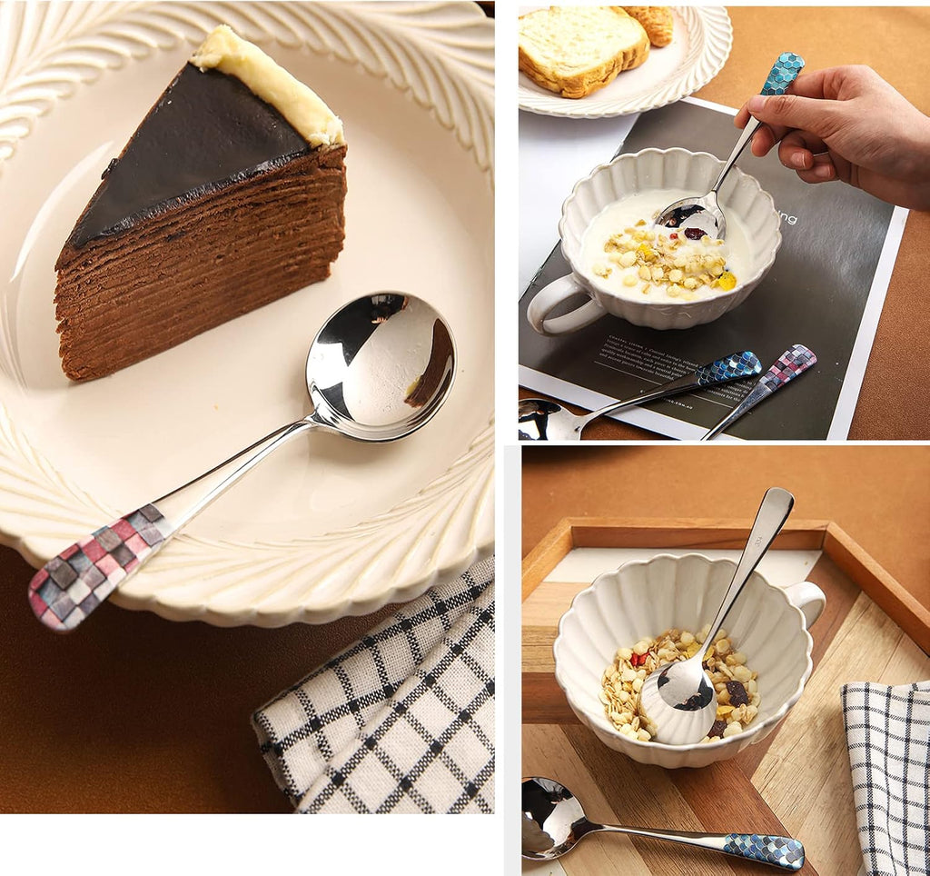 6pcs Round Head Soup Spoons with Fashion Printing Pattern 6.22inch Tablespoon 18/10(304) Stainless Steel Korean Spoons for Rice Dessert Tea Coffee Bouillon