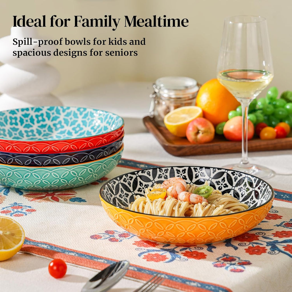 DOWAN 8.5" Vibrant Pasta  Salad & Soup Serving Bowls Set of 4  Embossed Large Porcelain Ceramic  Microwave  Oven & Dishwasher Safe  Bonita Design Perfect for Daily Dining  Family Gatherings  Party