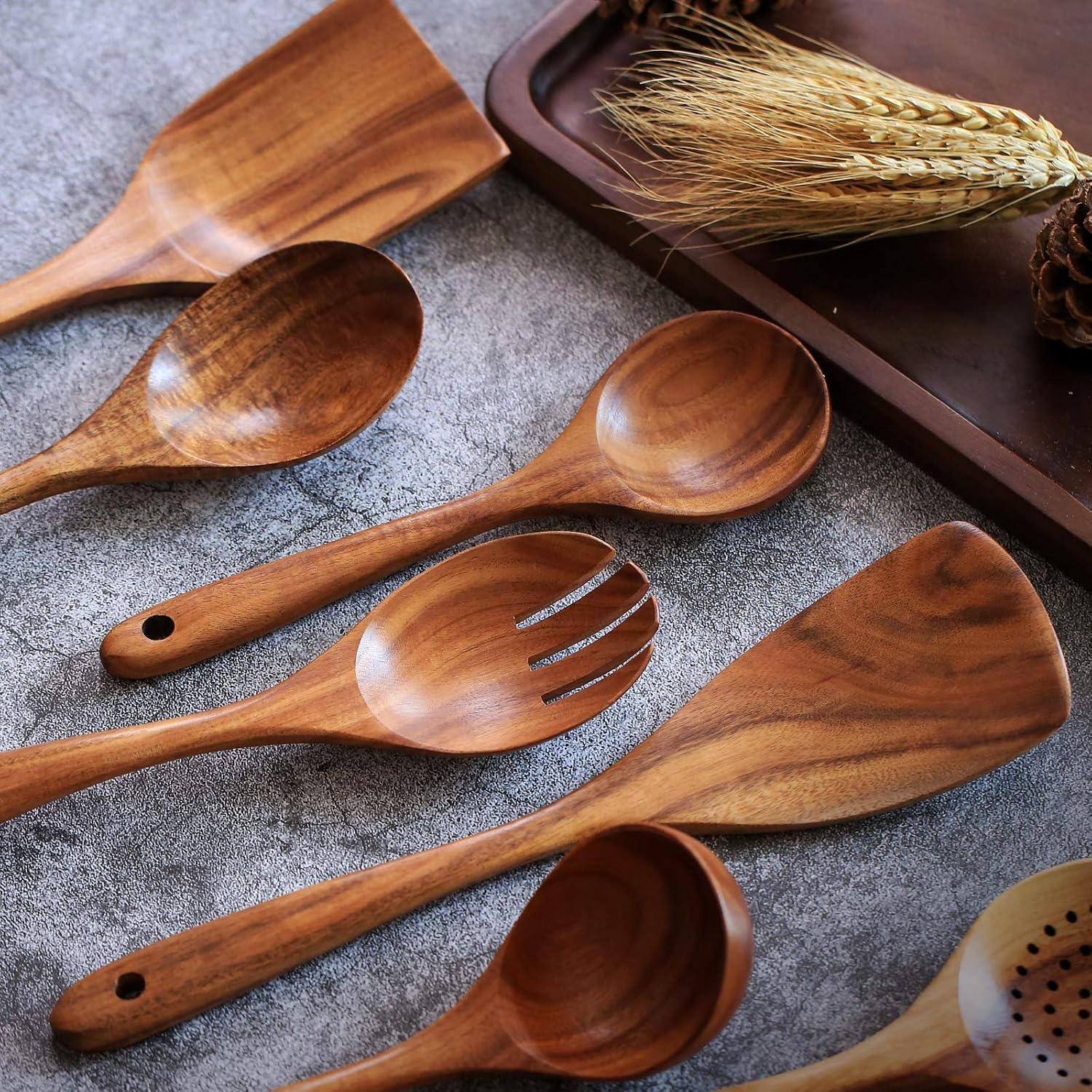 Wooden Non-Stick Kitchen Pan Toolset 7 Pieces Set 100% Natural Teak Kitchen Utensils Spatula  Wooden Cooking Utensils Spoons  Fried Spatula and Salad Fork