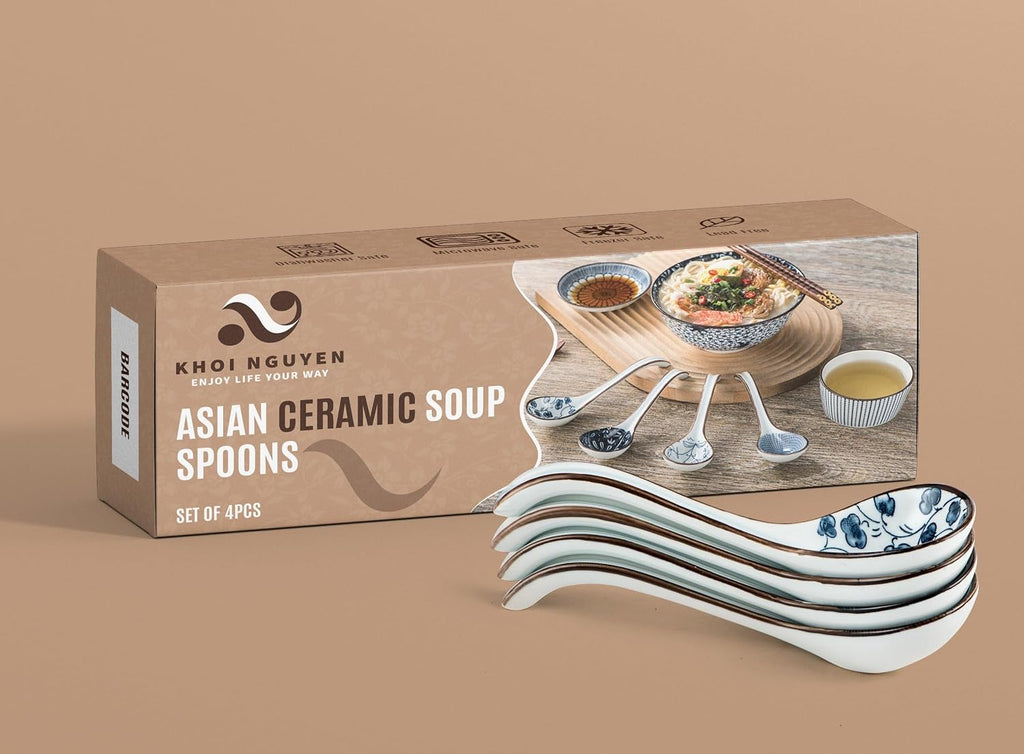 KHOI NGUYEN Asian Soup Spoon Set of 4  Ceramic Pho Spoons  Ramen Spoon  Chinese Soup Spoons  Vietnamese Gifts  Non-Slip  Dishwasher Safe for Ramen  Pho  Wonton  Miso  Dumplings  4pcs