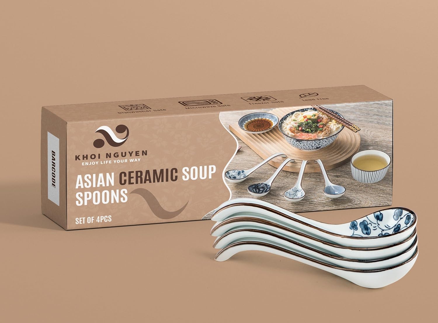 KHOI NGUYEN Asian Soup Spoon Set of 4  Ceramic Pho Spoons  Ramen Spoon  Chinese Soup Spoons  Vietnamese Gifts  Non-Slip  Dishwasher Safe for Ramen  Pho  Wonton  Miso  Dumplings  4pcs