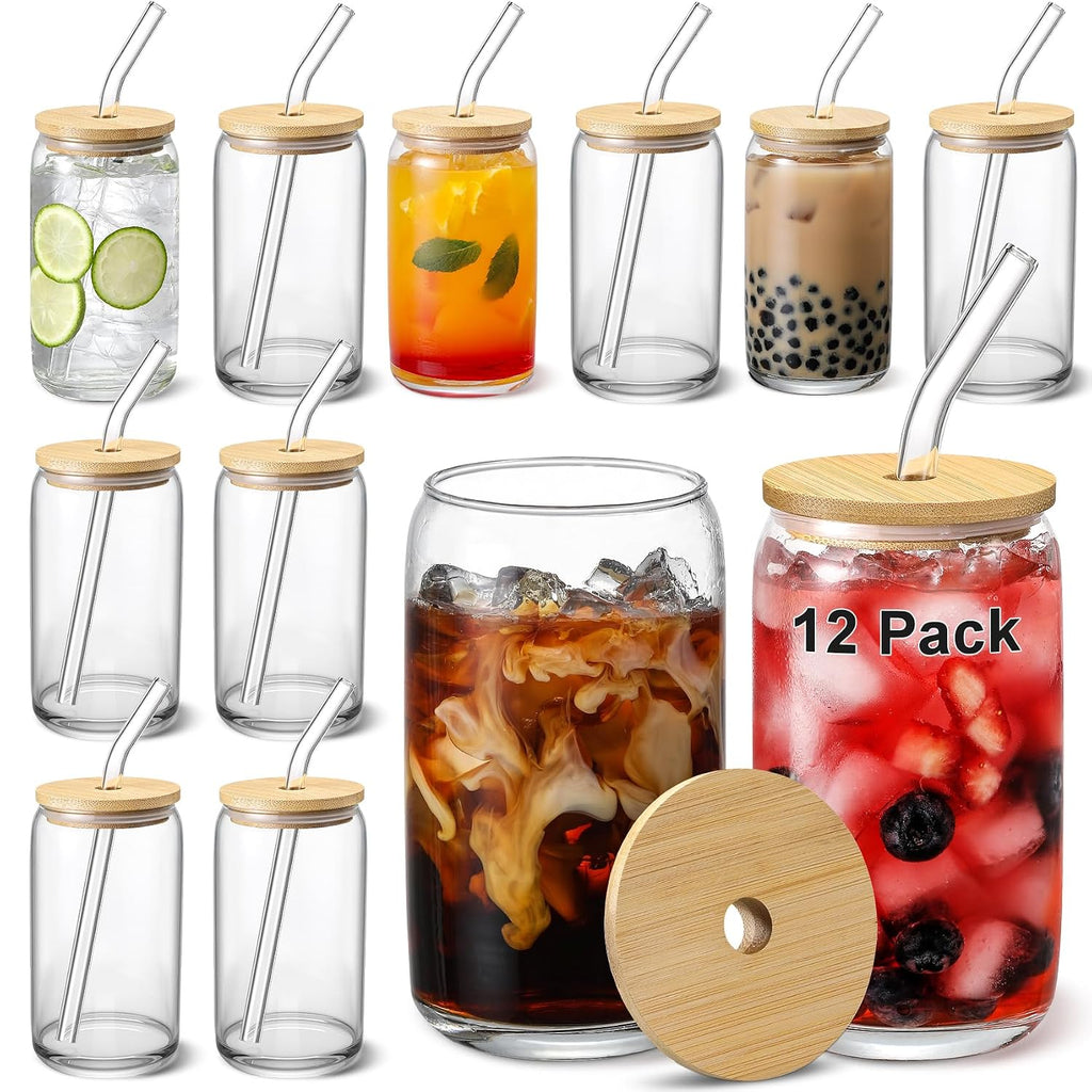 [ 12pcs Set ] Glass Cups with Bamboo Lids and Glass Straw - Beer Shaped Drinking Glasses  16 oz Iced Coffee Glasses  Cute Tumbler Cup for Smoothie  Boba Tea  Whiskey  Water - 4 Cleaning Brushes