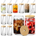 [ 12pcs Set ] Glass Cups with Bamboo Lids and Glass Straw - Beer Shaped Drinking Glasses  16 oz Iced Coffee Glasses  Cute Tumbler Cup for Smoothie  Boba Tea  Whiskey  Water - 4 Cleaning Brushes