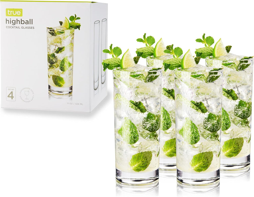 True Highball Glasses  Tall Glass Tumbler for Cocktails  Mojito Iced Tea Juices  Soda Water Drinking Cups  Kitchen Glassware  Home Bar  11 oz Set of 4
