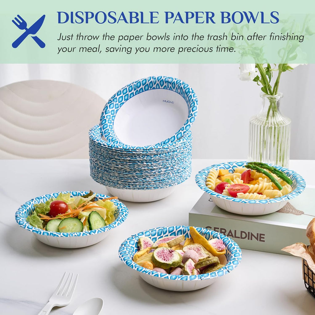 MUCHII 12 Oz Paper Bowls 200 Counts Disposable Bowls  Printed Soak Proof Small Bowls for Breakfast  Lunch  and Dinner Meals
