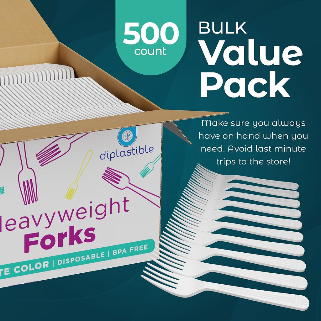 500 Count – Heavyweight Disposable White Plastic Forks | Big Party Pack Forks | Plastic Salad Forks |Great for Celebrations  Parties  Travels  Events  and Everyday Use