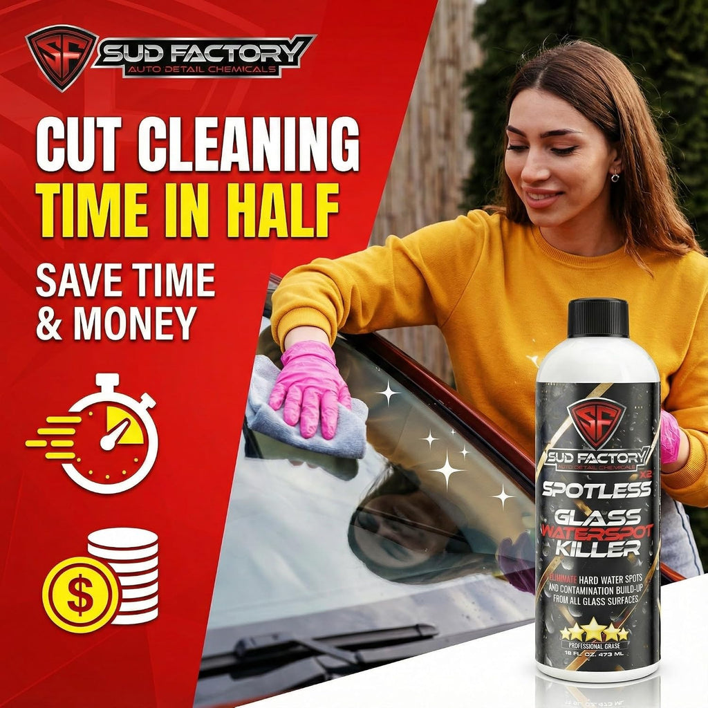 Sud Factory Hard Water Spot Remover for Glass Spotless X2 - Removes Water Stains from Shower Doors  Car Windows  Windshields - Professional Strength 16oz