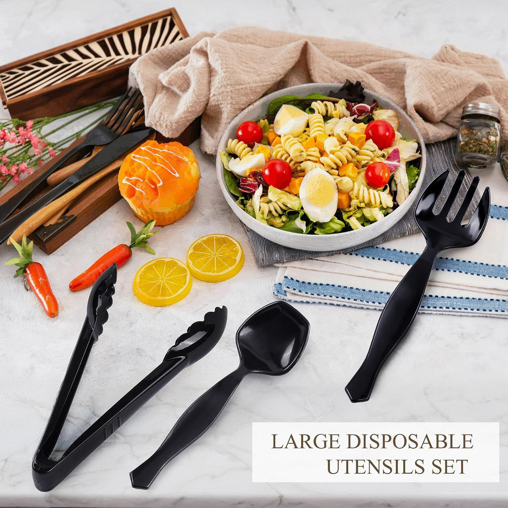 Mwellewm 36Pcs Plastic Serving Utensils Set 9'' Large Disposable Serving Spoons Forks Tongs for Serving Food Heavy Duty Black Large Party Utensils Supplies for Buffet Restaurant Dinner Salad Soup