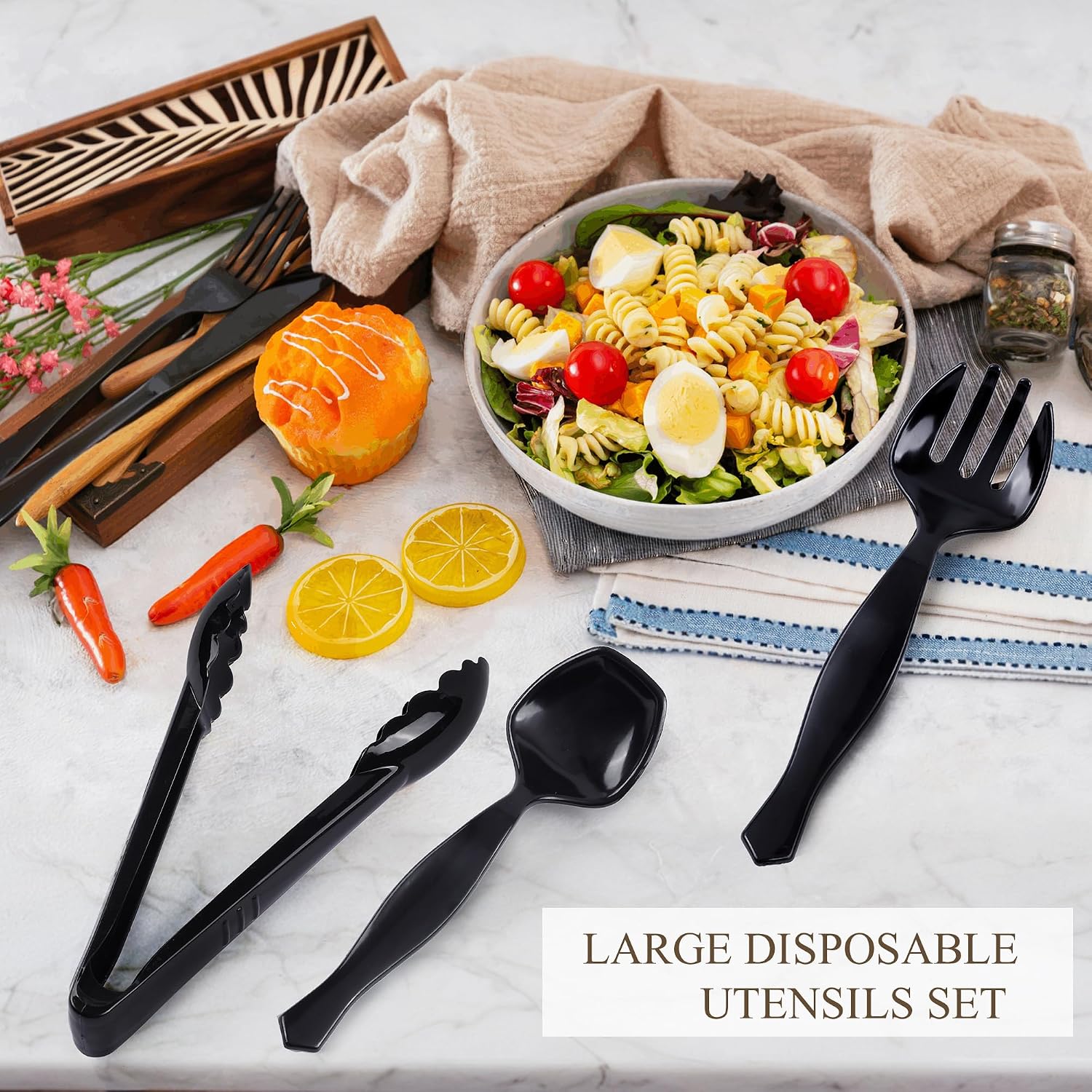 Mwellewm 36Pcs Plastic Serving Utensils Set 9'' Large Disposable Serving Spoons Forks Tongs for Serving Food Heavy Duty Black Large Party Utensils Supplies for Buffet Restaurant Dinner Salad Soup