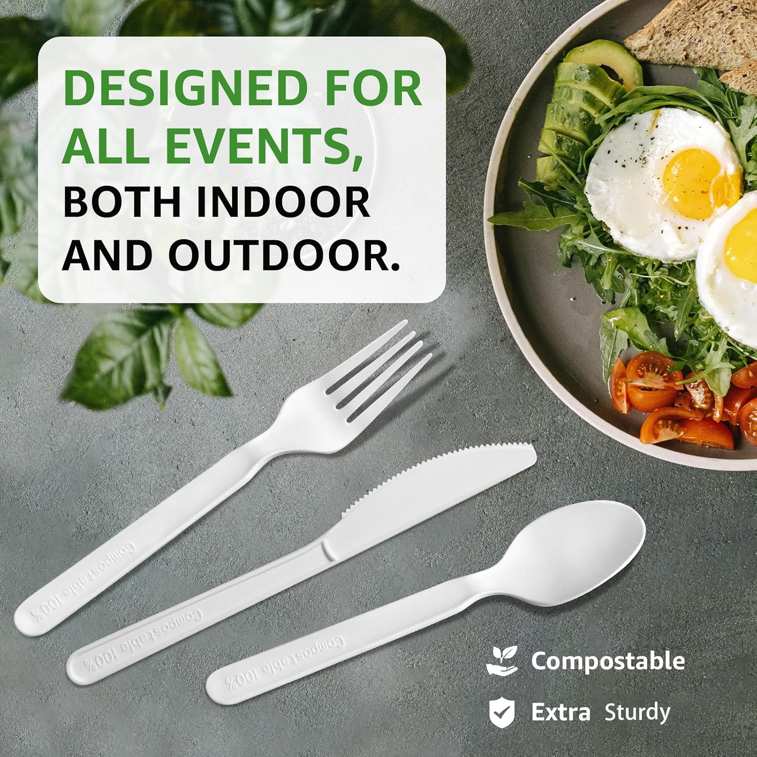 100% Compostable Spoons 60 Count Disposable Soup Spoons Heavy Duty Utensils Disposable Silverware Eco Friendly Flatware for Party Camping Picnics Wedding-Ivory White