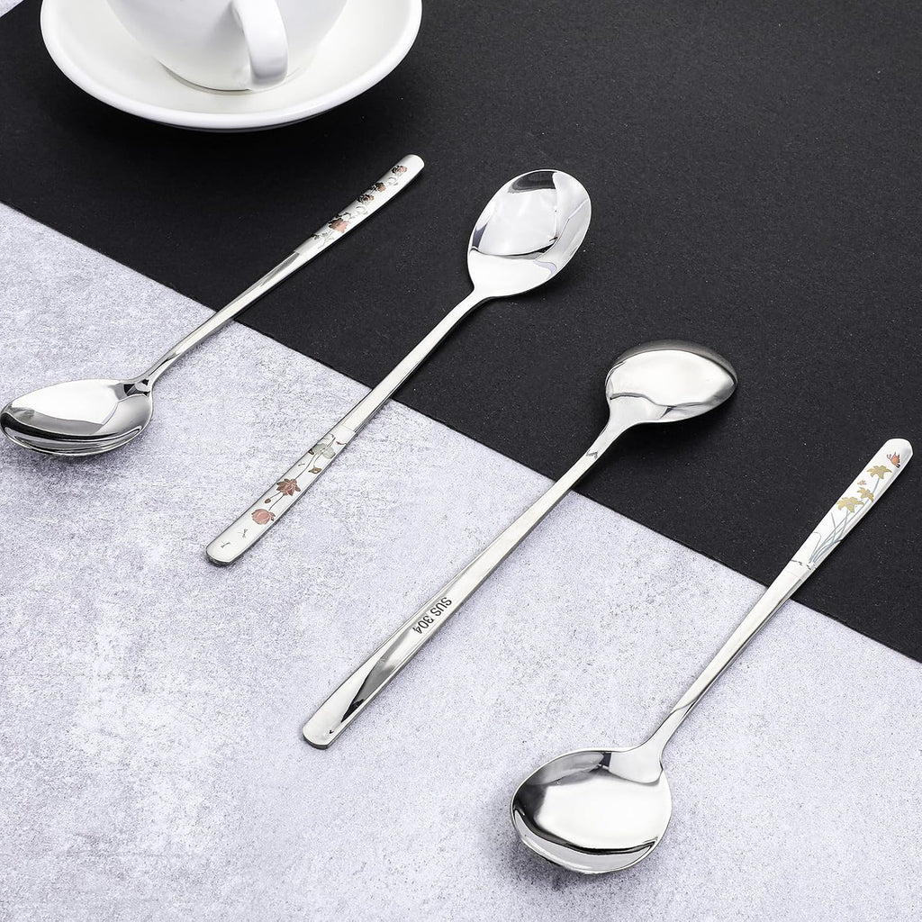Grevosea 4 Pcs Korean Soup Spoons Stainless Steel 8 Inch Long Handle Tablespoon Asian Soup Spoon Cute Dinner Spoons for Home Kitchen or Restaurant  Dishwasher Safe (Flowers)