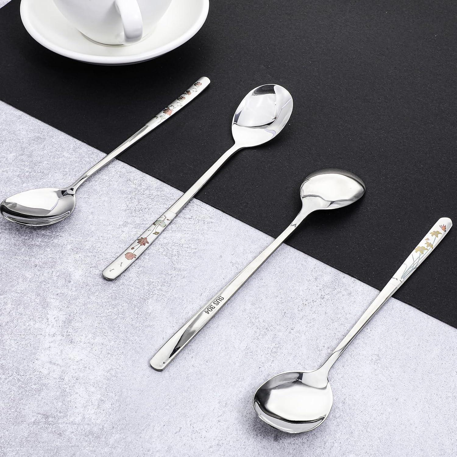 Grevosea 4 Pcs Korean Soup Spoons Stainless Steel 8 Inch Long Handle Tablespoon Asian Soup Spoon Cute Dinner Spoons for Home Kitchen or Restaurant  Dishwasher Safe (Flowers)