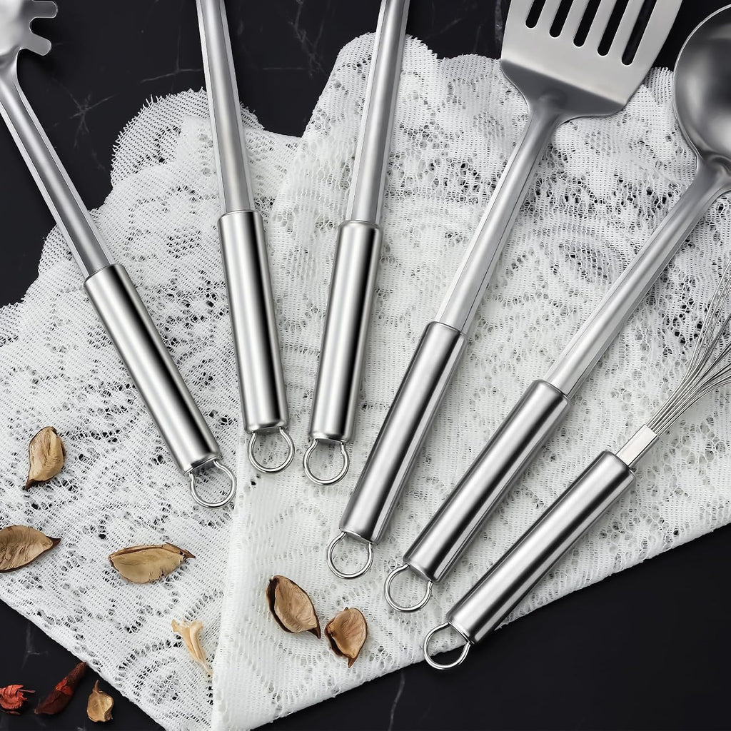 6-Piece Kitchen Cooking Utensils Set  Stainless Steel Kitchen Utensils with Suspendable Handle  Spatula  Slotted Turner  Soup Ladle  Slotted Spoon  Whisk  Pasta Server  Dishwasher Safe
