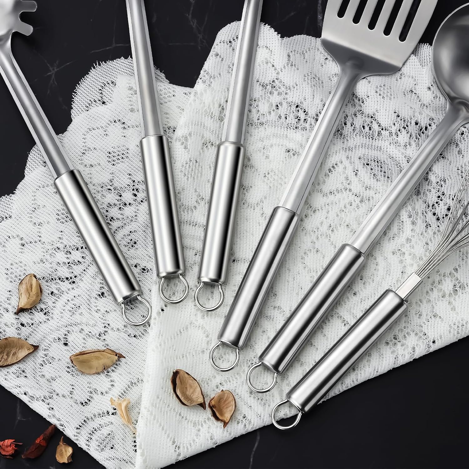 6-Piece Kitchen Cooking Utensils Set  Stainless Steel Kitchen Utensils with Suspendable Handle  Spatula  Slotted Turner  Soup Ladle  Slotted Spoon  Whisk  Pasta Server  Dishwasher Safe
