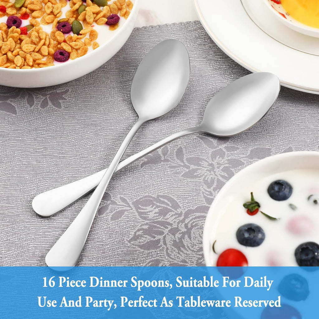 Dinner Spoon Set 16 Pcs 7.3" Tablespoons Premium Food Grade Stainless Steel Spoons Durable Metal Spoon Tablespoon Silverware Spoons Only Mirror Finish & Dishwasher Safe Use for Home Restaurant
