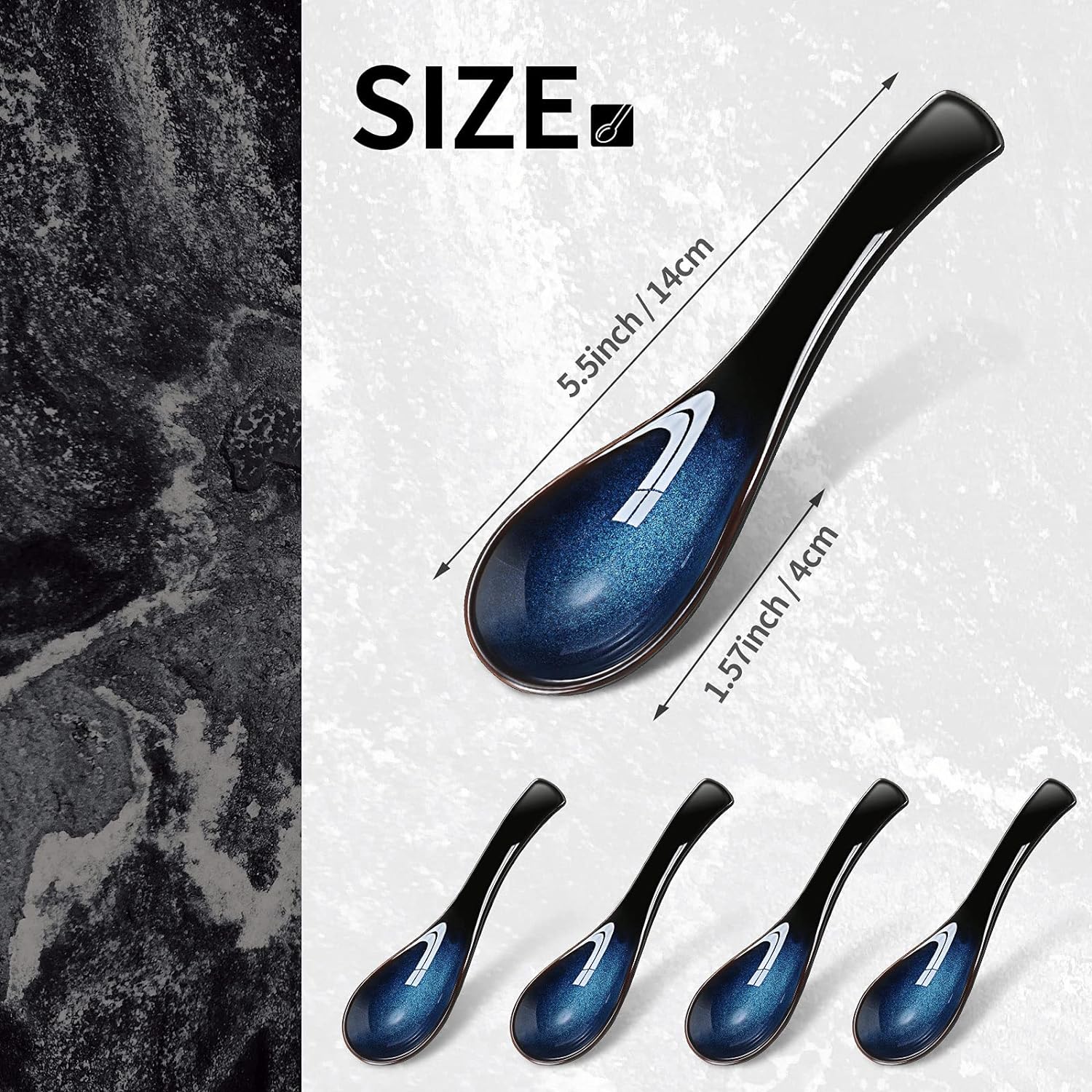Geiserailie 4 Pieces Asian Ceramic Soup Spoons Set Long Handle Chinese Spoons Retro Blue Japanese Ramen Bowl Soup Spoon Suitable for Gravy  Cake  Oatmeal  Dumplings