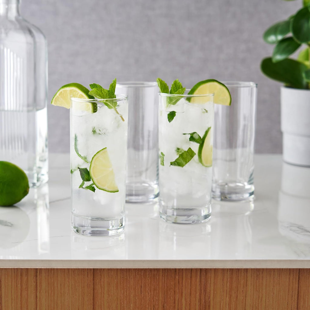 True Highball Glasses  Tall Glass Tumbler for Cocktails  Mojito Iced Tea Juices  Soda Water Drinking Cups  Kitchen Glassware  Home Bar  11 oz Set of 4