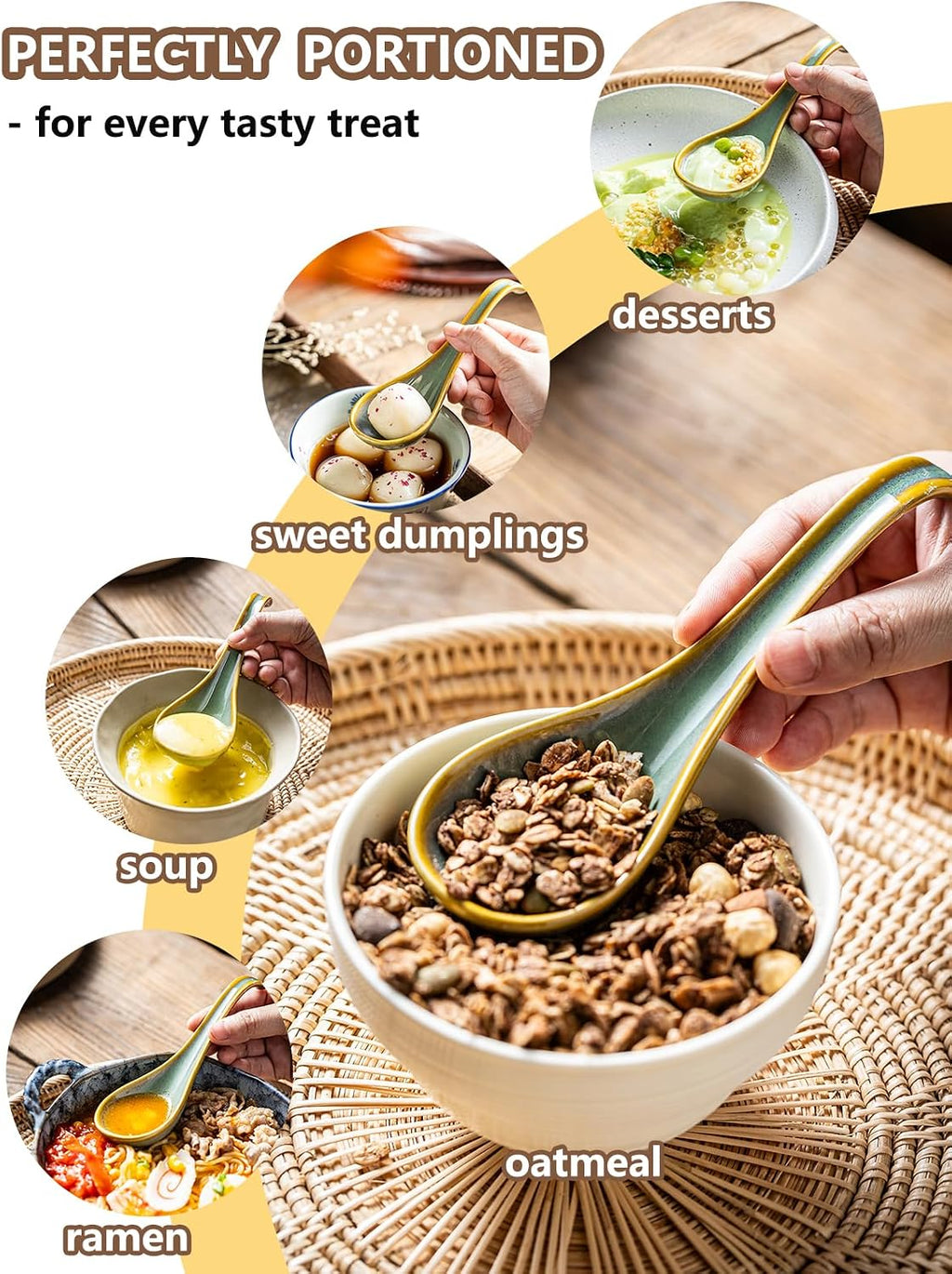 Gomakren Soup Spoons Set of 6  Asian Soup Spoons 6.5 Inch Ramen Spoons  Christmas Ceramic Chinese Spoon Set for Soup  Cereal  Pho  Noodles  Dumpling  Miso  Wonton  Dishwasher Safe  Blue-Green