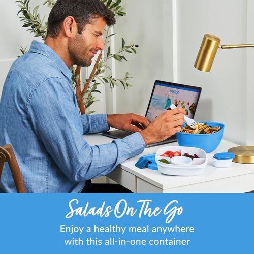Bentgo Salad Container - 54 oz Bowl with 4-Compartment Toppings Tray  Leak-Proof Dressing Container  Reusable Fork  BPA-Free Lunch Box for Meal Prep & Food Storage; Removable Bento Tray (Blue)