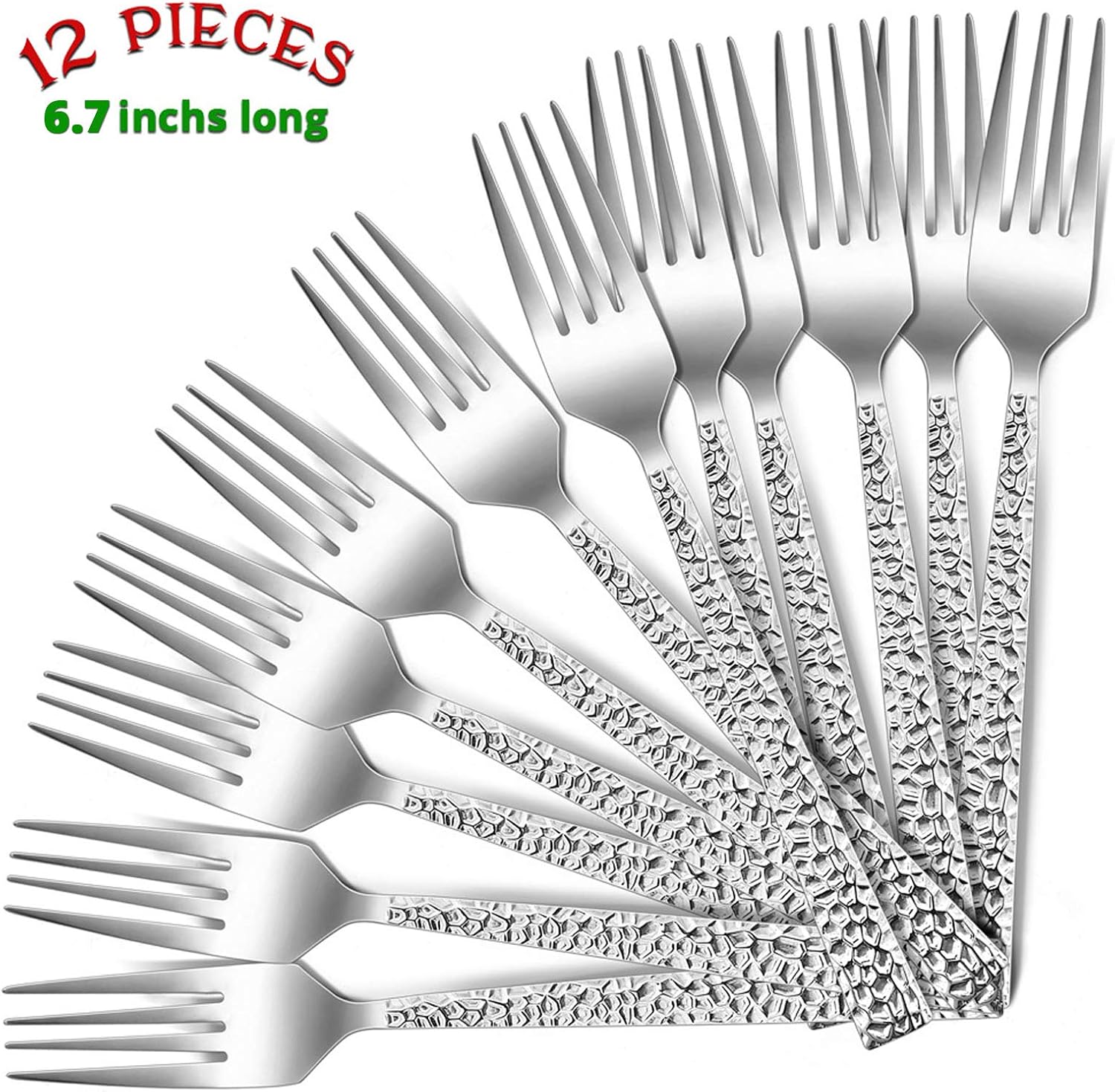 Salad Forks Set of 12  E-far 6.7 Inch Stainless Steel Hammered Dessert Forks for Home  Kitchen or Restaurant  Non-toxic & Mirror Polished  Squared Edge & Dishwasher Safe