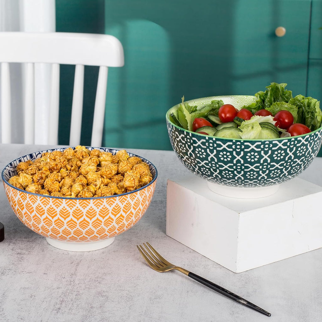 Large Serving Bowls - 60 oz Ceramic Salad Bowl - 8 Inch Serving Bowl Set - Big Soup Bowl For Kitchen - Microwave & Dishwashers Safe - Pho Fruit Pasta Popcorn Bowl - Set of 3