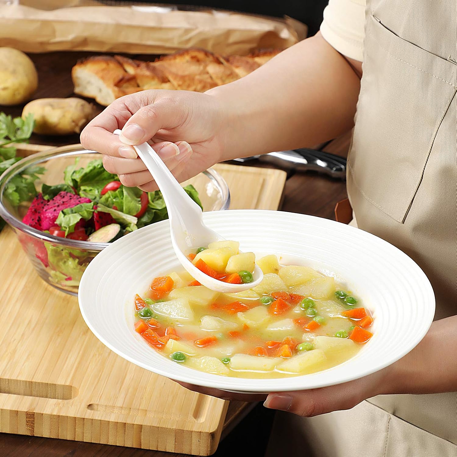 Hiware 12-piece Asian Soup Spoons  Rice Spoons  Chinese Won Ton Soup Spoon - Notch and Hook Style  White