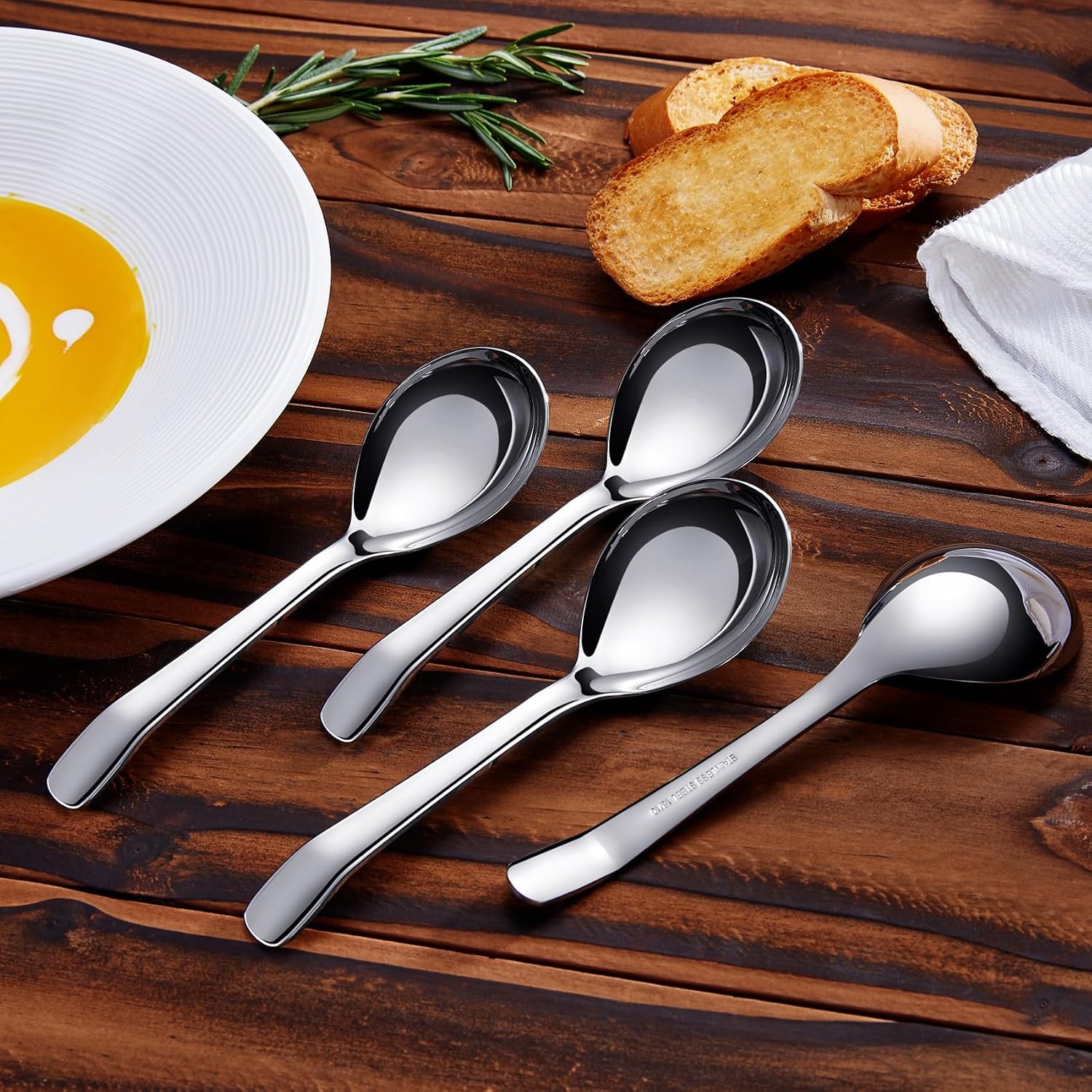 KEAWELL Premium 7.3 Inches Soup Spoons with Hook Handle  Set of 4  18/10 Stainless Steel  Deep Bowl  Perfect for Ramen  Pho  Miso  Dumplings  Noodles  Wonton  Dishwasher Safe (Curved-Handle)