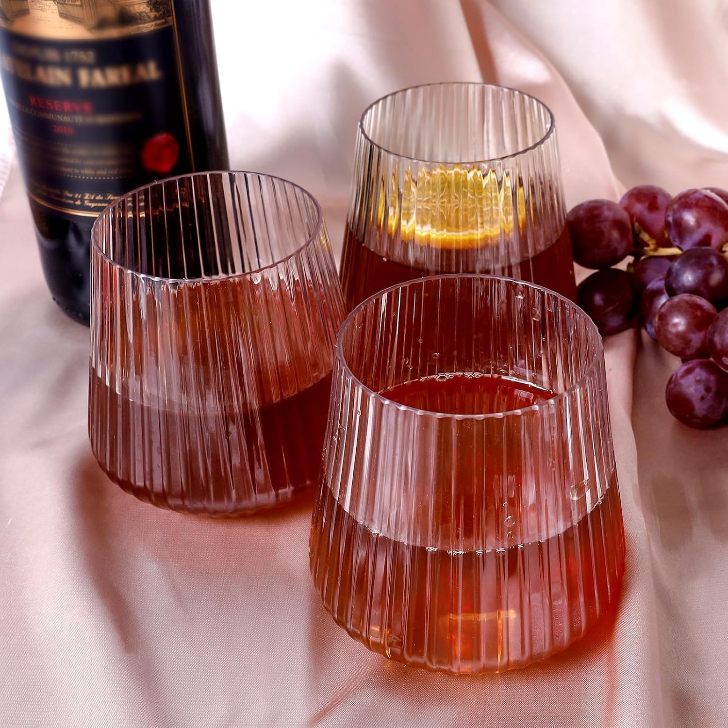 40 Pack Plastic Ribbed Wine Glasses  14Oz Origami Disposable Wine Glasses Unbreakable Clear Plastic Cocktail Glasses Recyclable Shatterproof Reusable Wine Cups (14oz 40pack)