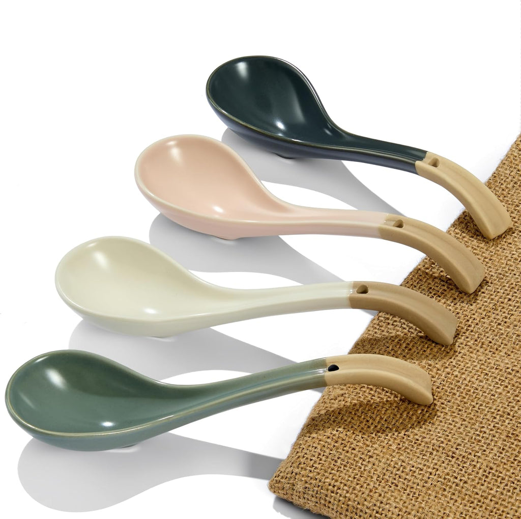 Asian Ceramic Soup Spoon  with Long Handle Easy to Hold  Non-slip Bottom  for Japanese Ramen  Chinese and Vietnamese Wonton  Noodle Soup Spoons (V38)