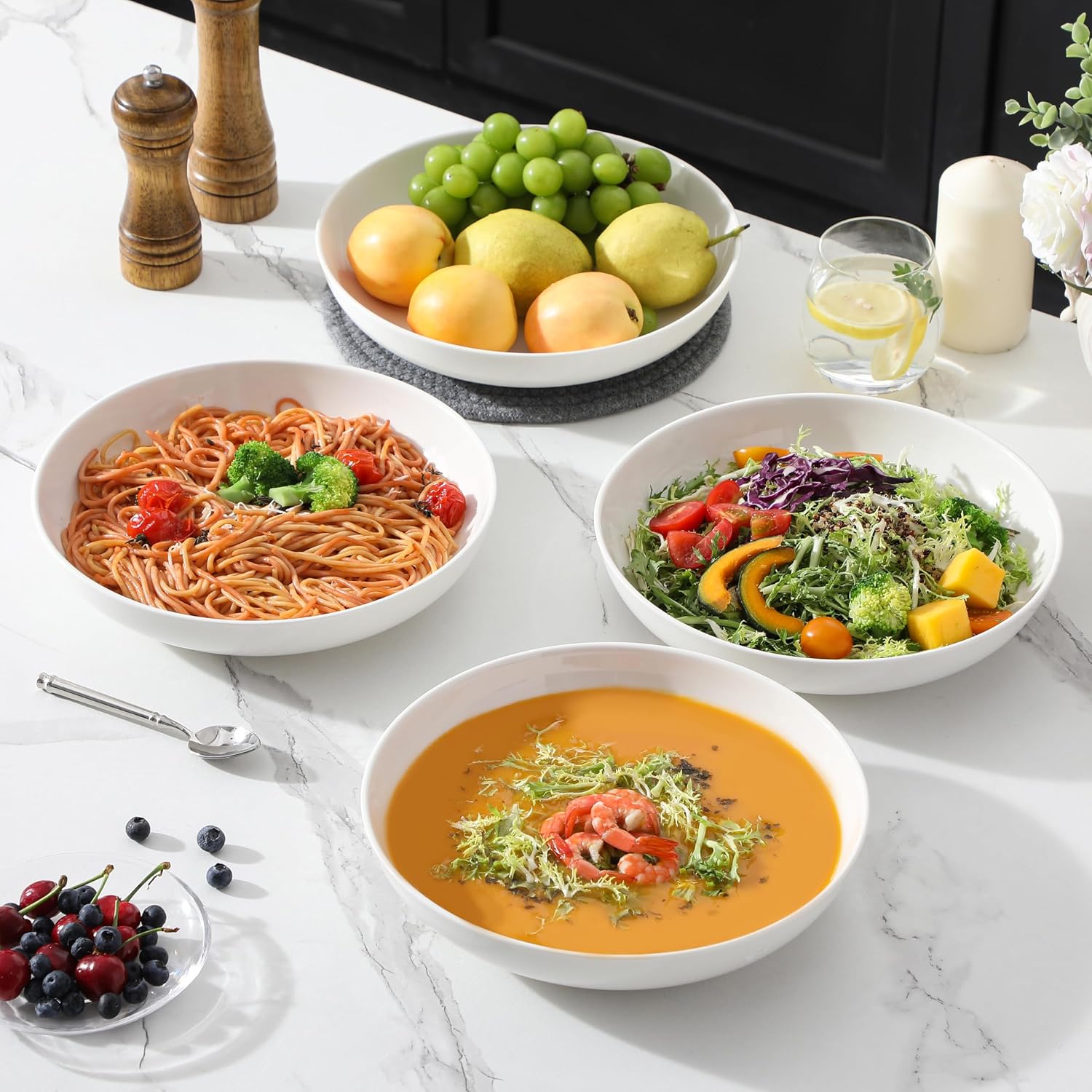 MALACASA 10" Large Pasta Bowls  56 OZ White Salad Bowls Soup Bowls  Porcelain Serving Bowls Set of 4  Large Kitchen Bowl Plates Pasta Plates  Microwave & Dishwasher Safe  Series REGULAR