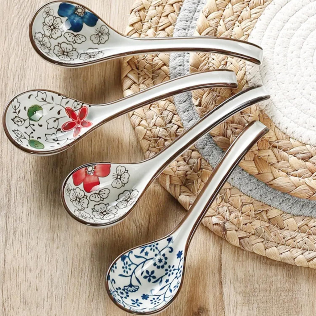 4Pcs Ceramic Soup Spoons  Asian Chinese Spoon Long Handle Spoon Ramen Spoons  Porcelain Japanese Spoons for Ramen  Vietnamese Wonton  Dumpling Rice Noodle Soup Spoons - Set of 4