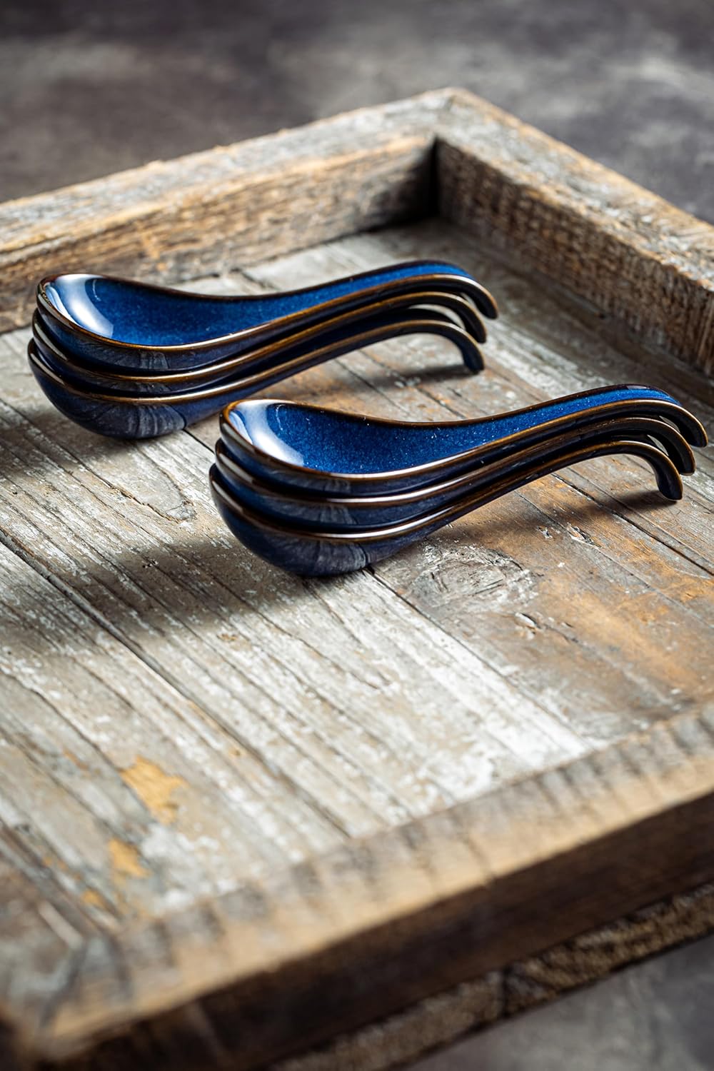 LYEOBOH Soup Spoons set of 6  Chinese Deep Soup Spoon - 6.5 inch Ceramic Korean Tablespoons for Ramen  Rice  Noodle  Asian Spoons with Deep Hook Design  Vintage Blue