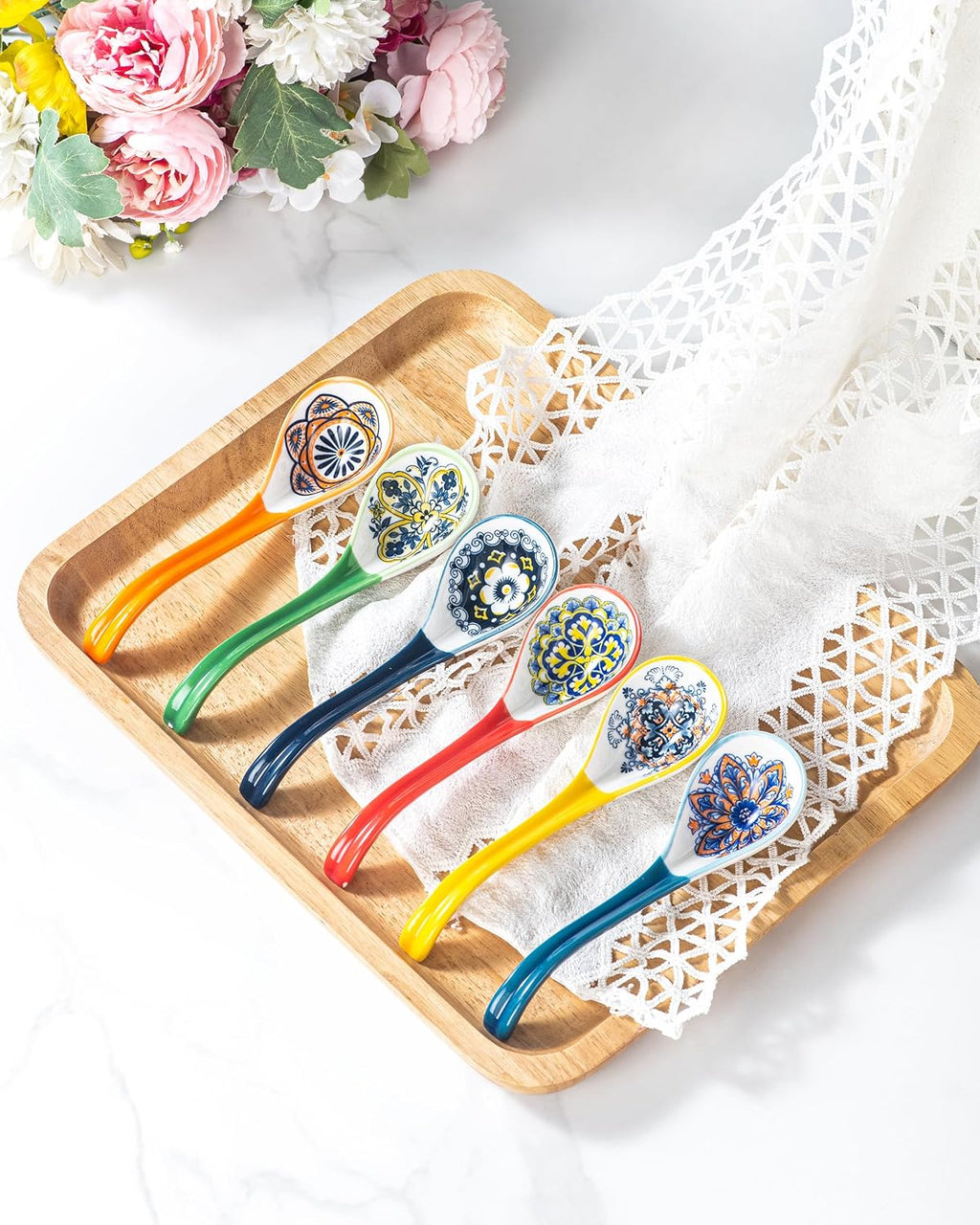Asian Soup Spoon Set of 6 – Boho Ceramic Ramen Spoon with Long Handle  Deep Soup Spoons for Japanese Ramen  Pho  Dumplings  Miso  Wonton – Dishwasher Safe