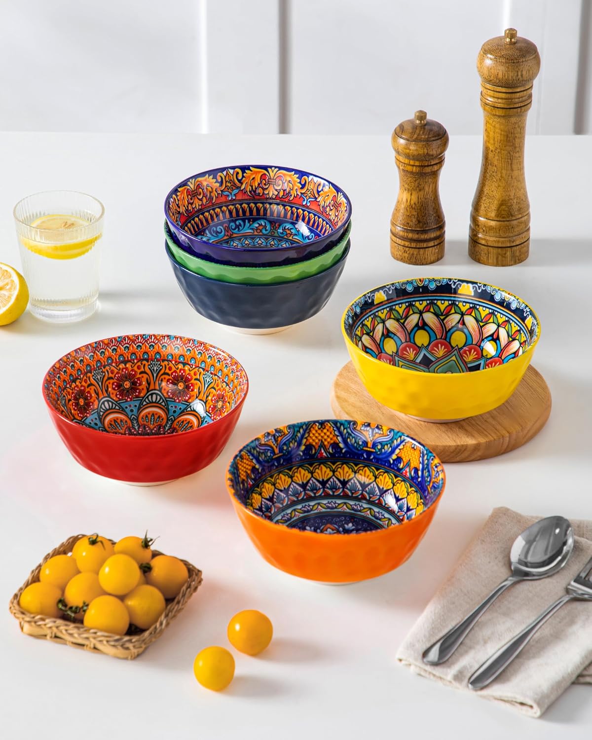 vancasso 26oz Cereal Bowls Set of 6  Boho Ceramic Soup Bowls with Colorful Bohemian Pattern  Microwave & Dishwasher Safe Serving Bowls for Salad  Oatmeal  Pasta  KRVI Series